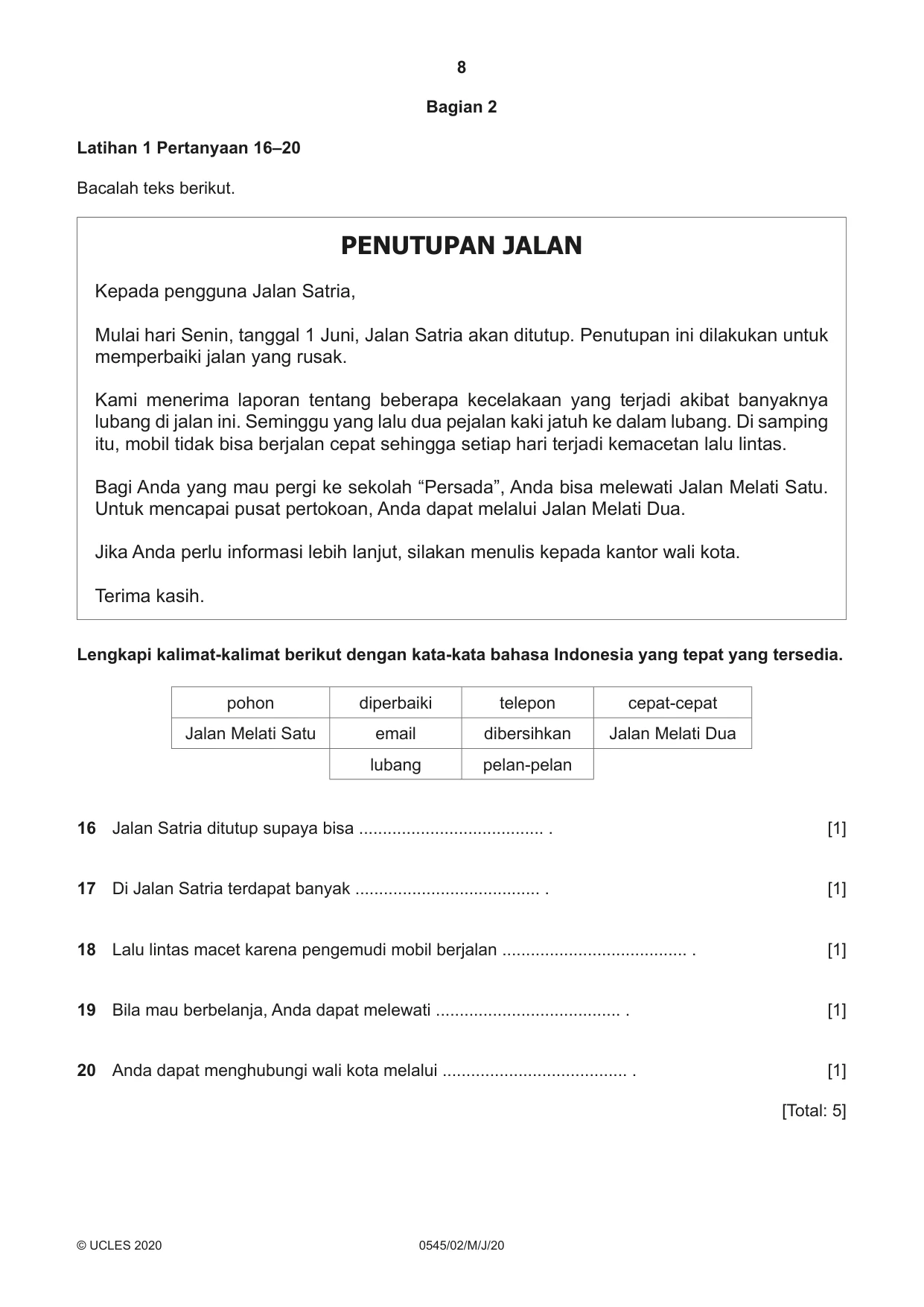 Cambridge IGCSE Indonesian - Foreign Language 0545 2020 May/June Paper 2 · Variant 0 question paper, page 8 of 16