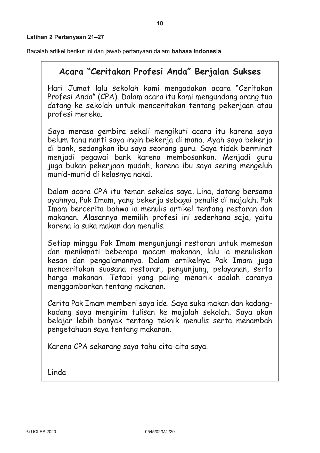 Cambridge IGCSE Indonesian - Foreign Language 0545 2020 May/June Paper 2 · Variant 0 question paper, page 10 of 16