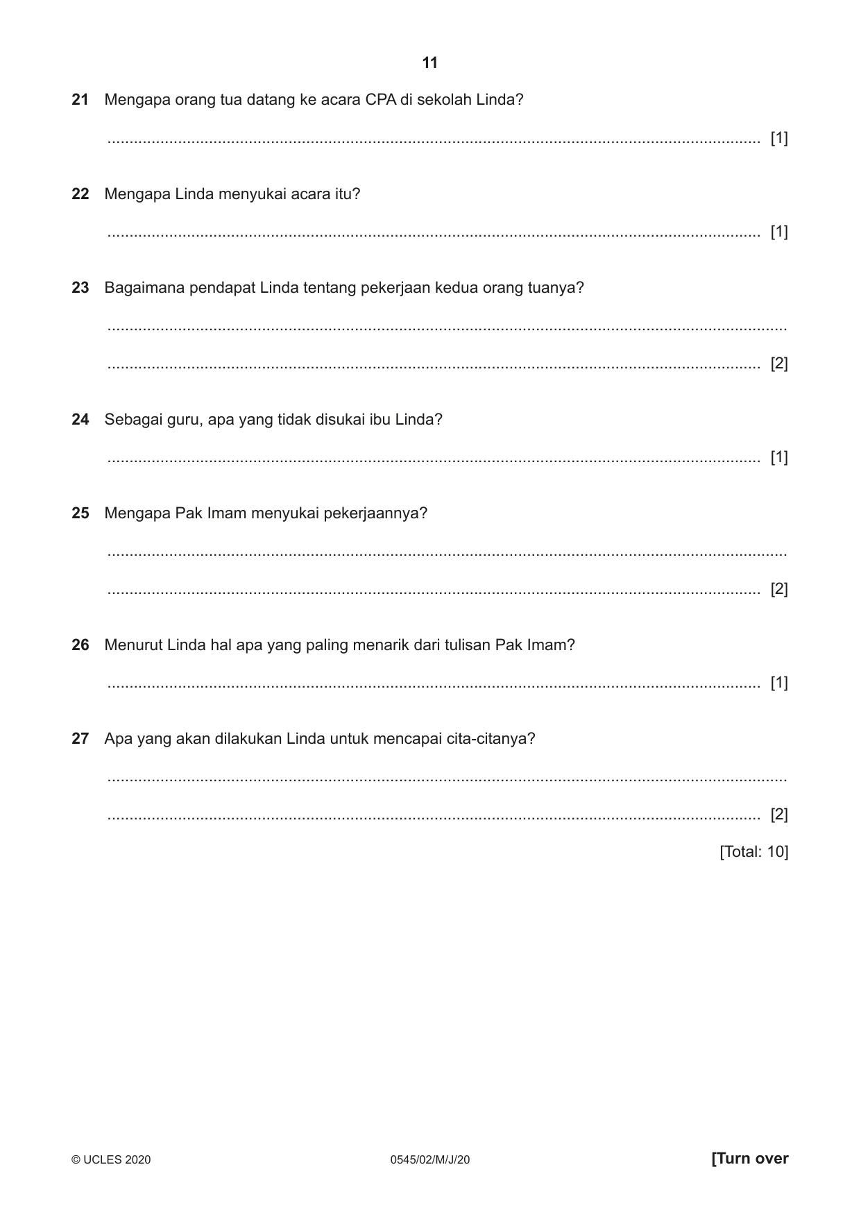Cambridge IGCSE Indonesian - Foreign Language 0545 2020 May/June Paper 2 · Variant 0 question paper, page 11 of 16
