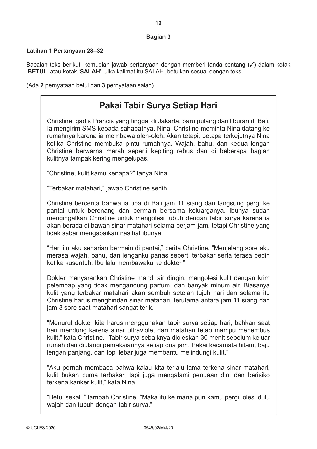 Cambridge IGCSE Indonesian - Foreign Language 0545 2020 May/June Paper 2 · Variant 0 question paper, page 12 of 16