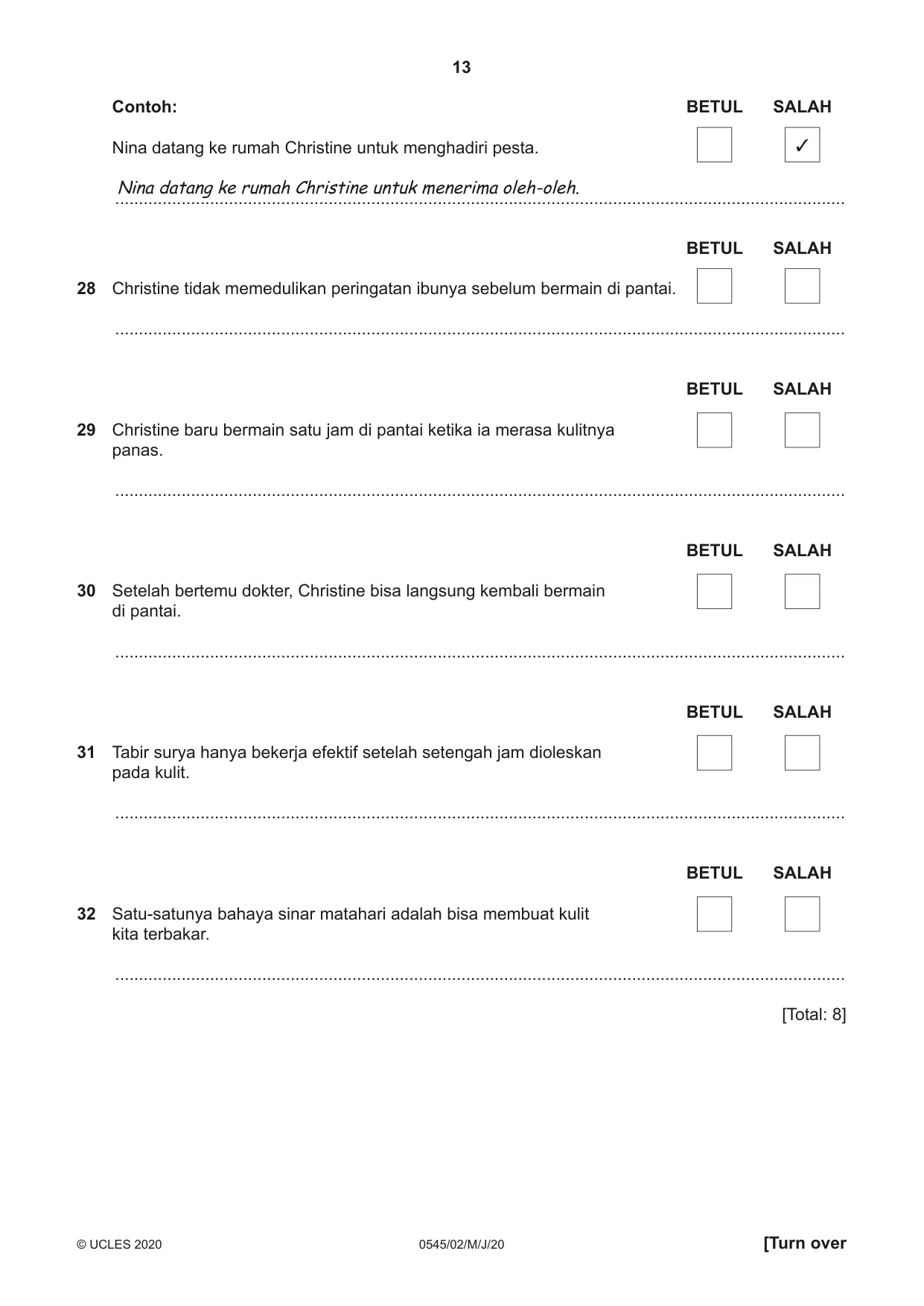 Cambridge IGCSE Indonesian - Foreign Language 0545 2020 May/June Paper 2 · Variant 0 question paper, page 13 of 16