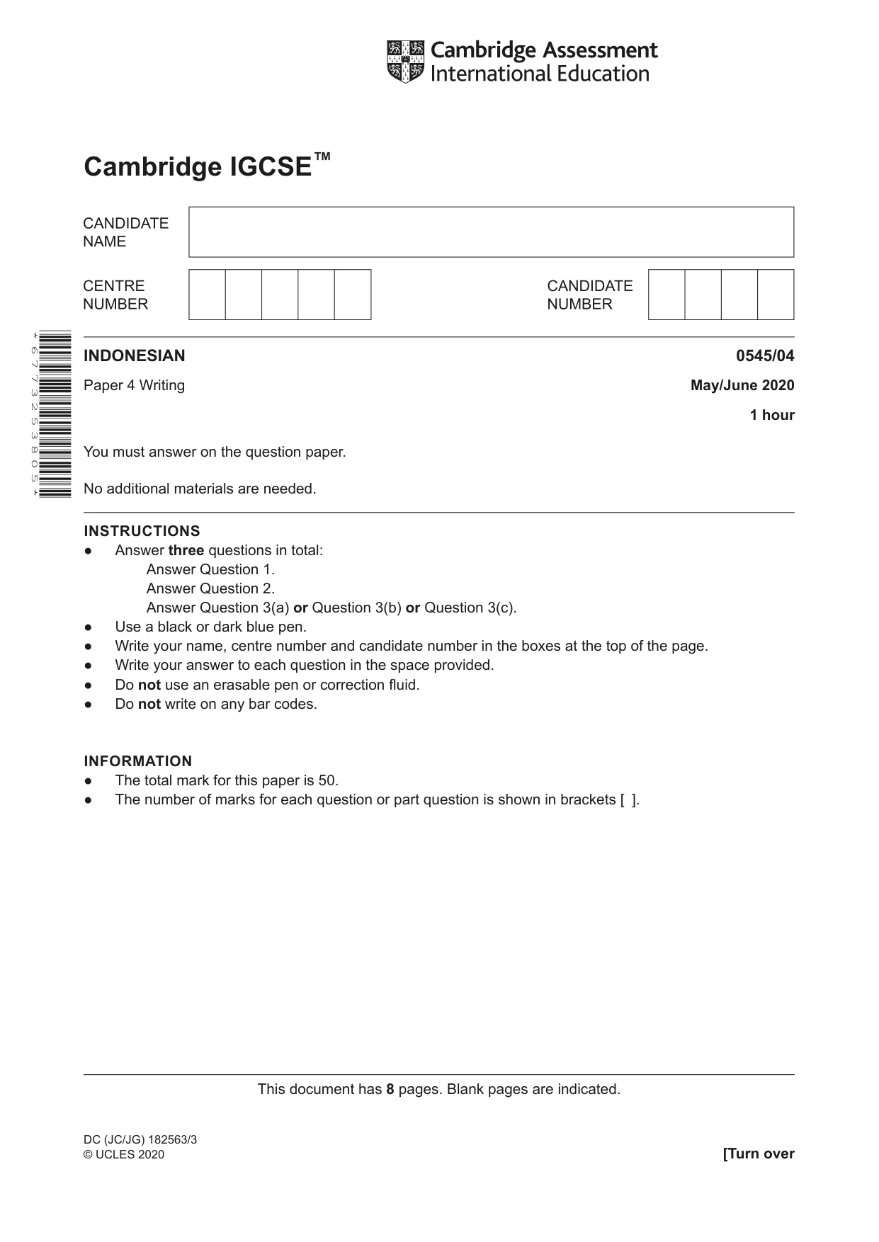Cambridge IGCSE Indonesian - Foreign Language 0545 2020 May/June Paper 4 · Variant 0 question paper, page 1 of 8