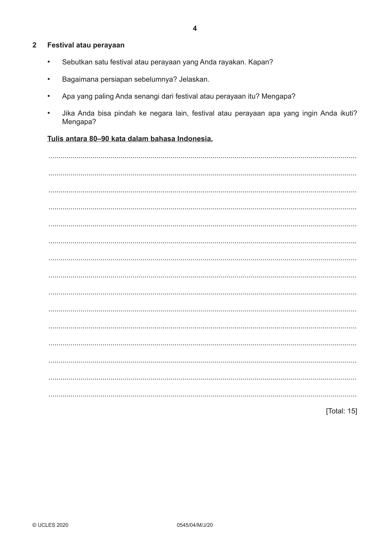 Cambridge IGCSE Indonesian - Foreign Language 0545 2020 May/June Paper 4 · Variant 0 question paper, page 4 of 8