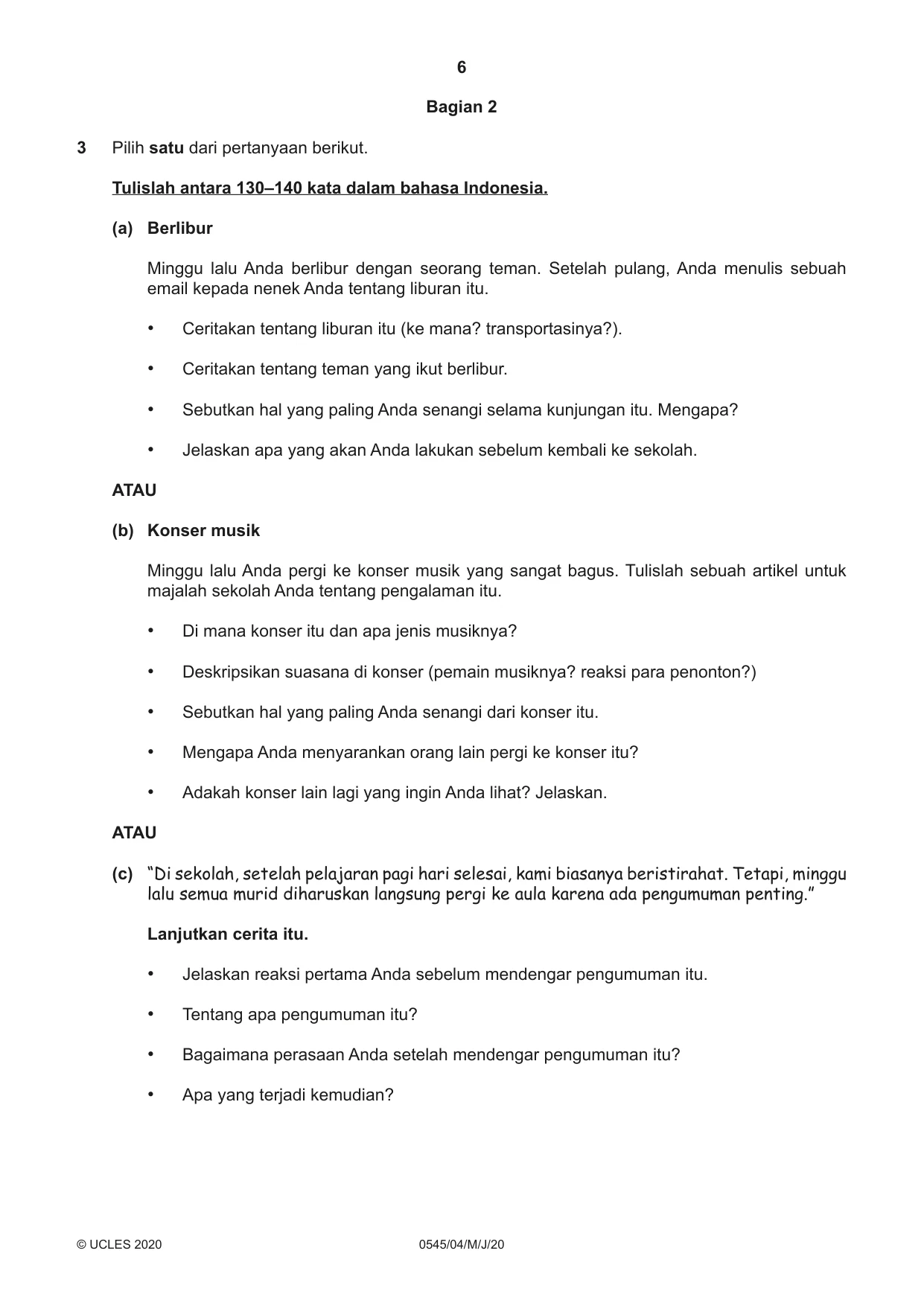 Cambridge IGCSE Indonesian - Foreign Language 0545 2020 May/June Paper 4 · Variant 0 question paper, page 6 of 8