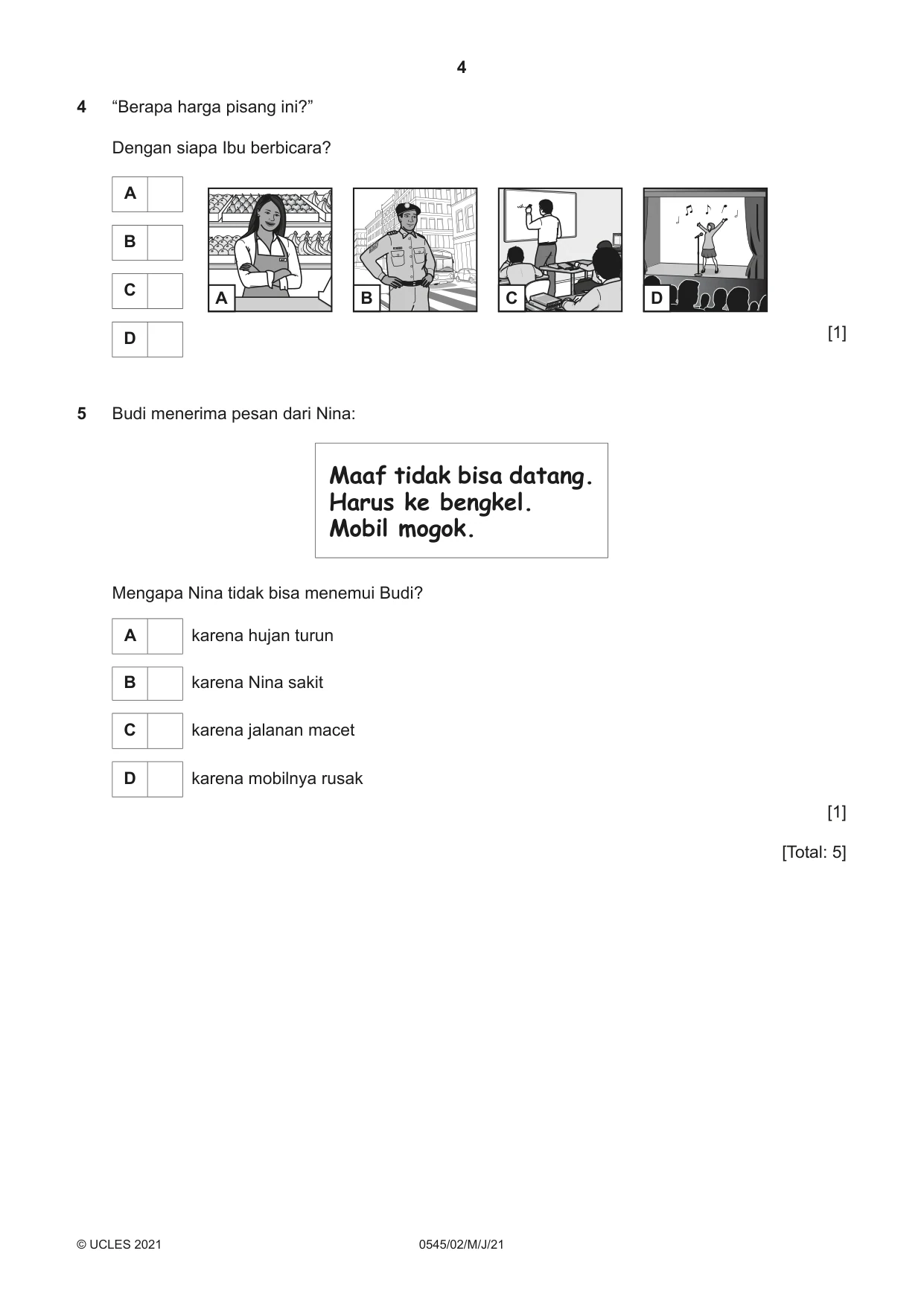 Cambridge IGCSE Indonesian - Foreign Language 0545 2021 May/June Paper 2 · Variant 0 question paper, page 4 of 16