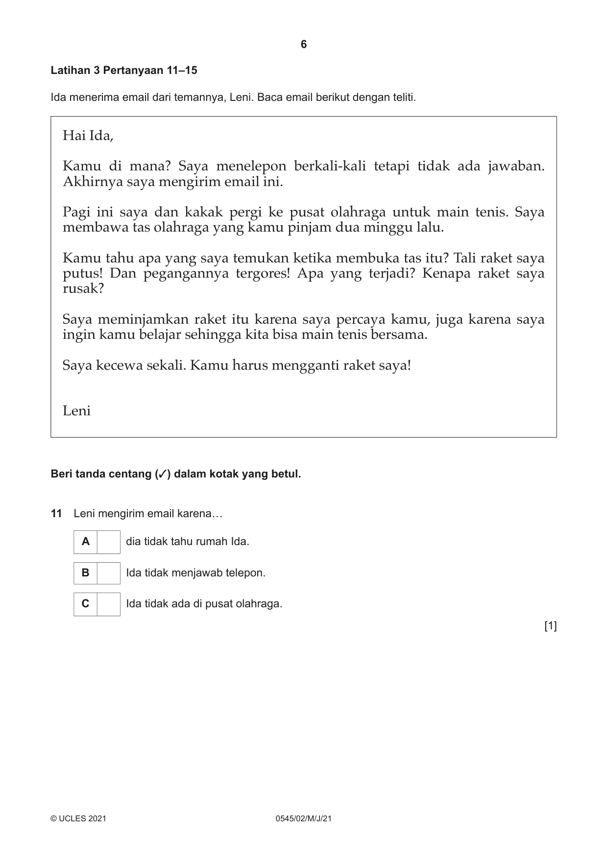 Cambridge IGCSE Indonesian - Foreign Language 0545 2021 May/June Paper 2 · Variant 0 question paper, page 6 of 16