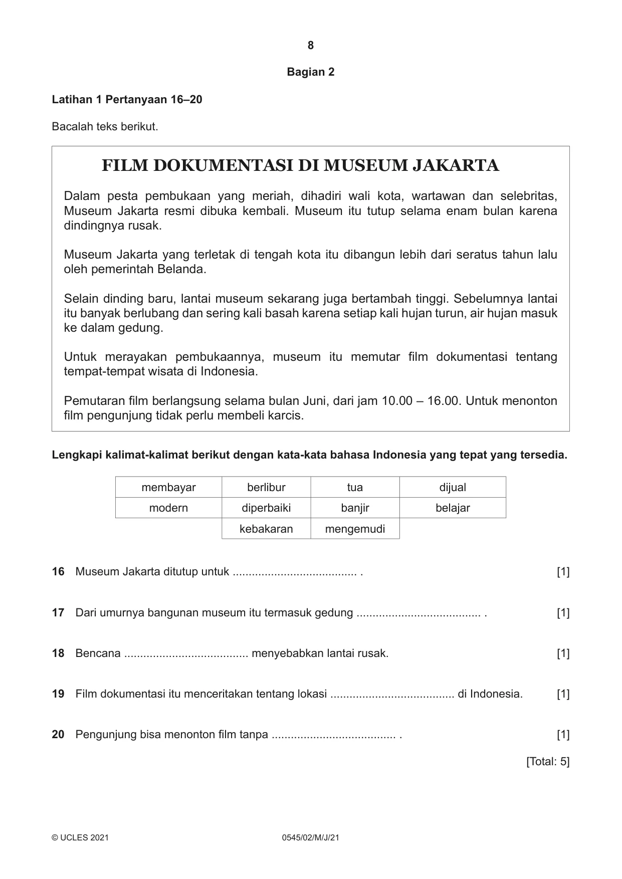 Cambridge IGCSE Indonesian - Foreign Language 0545 2021 May/June Paper 2 · Variant 0 question paper, page 8 of 16