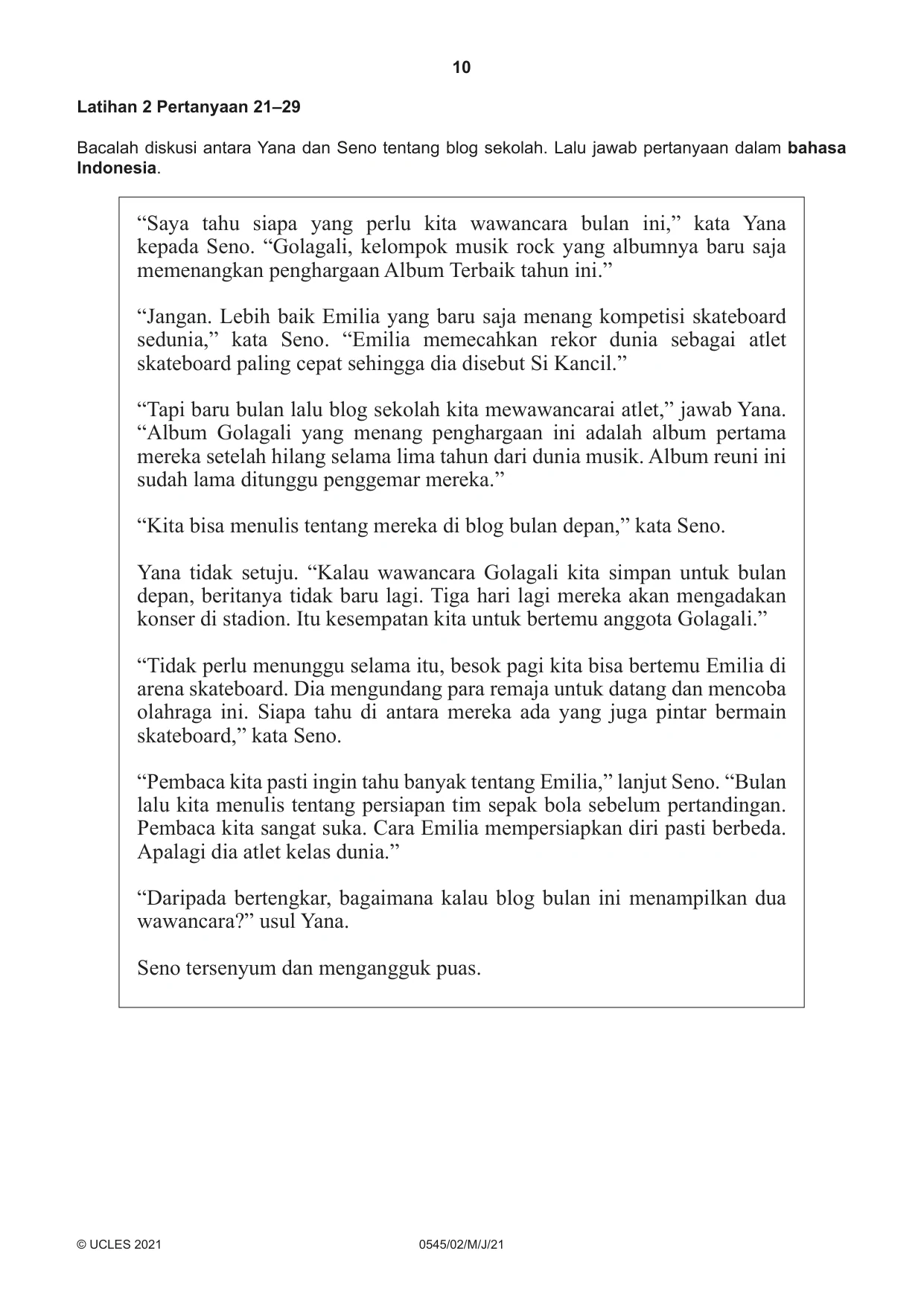 Cambridge IGCSE Indonesian - Foreign Language 0545 2021 May/June Paper 2 · Variant 0 question paper, page 10 of 16