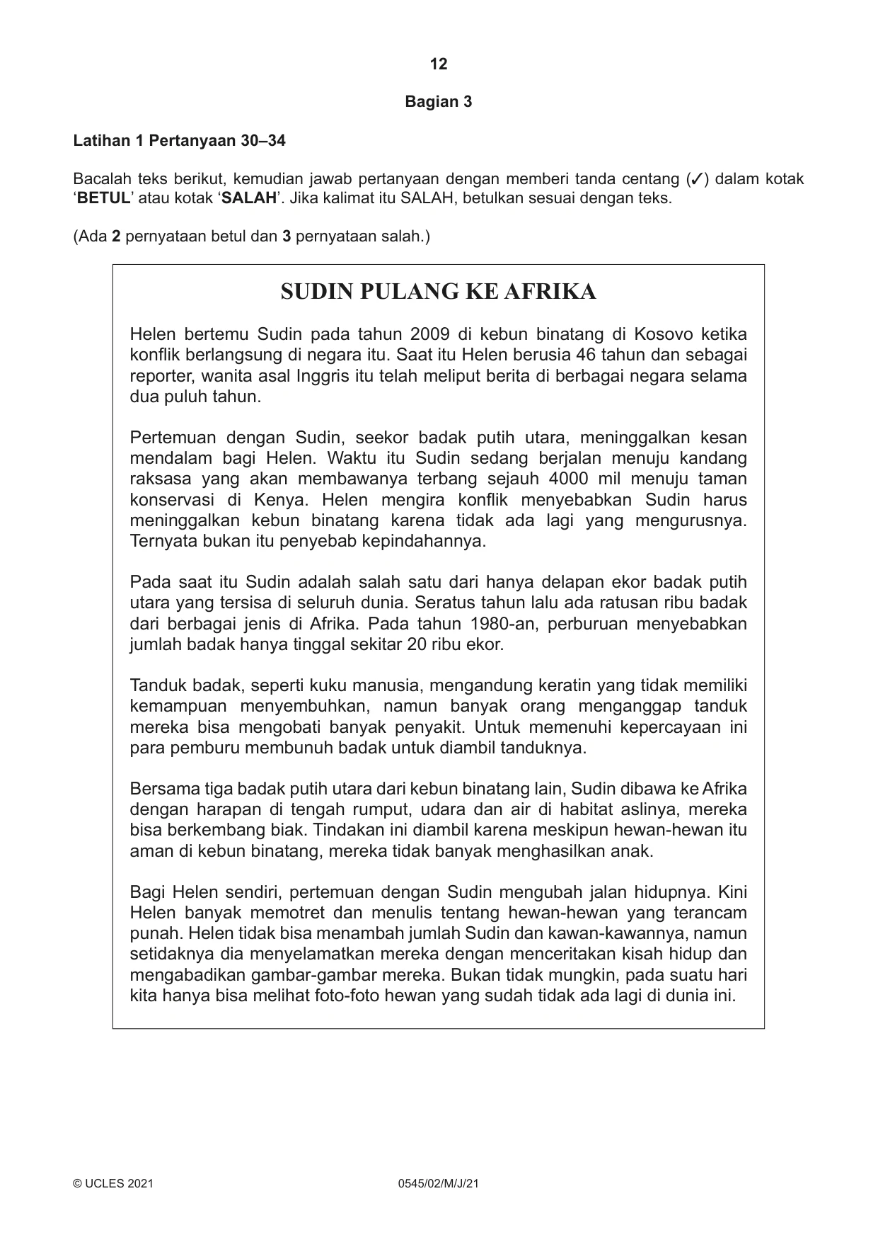 Cambridge IGCSE Indonesian - Foreign Language 0545 2021 May/June Paper 2 · Variant 0 question paper, page 12 of 16
