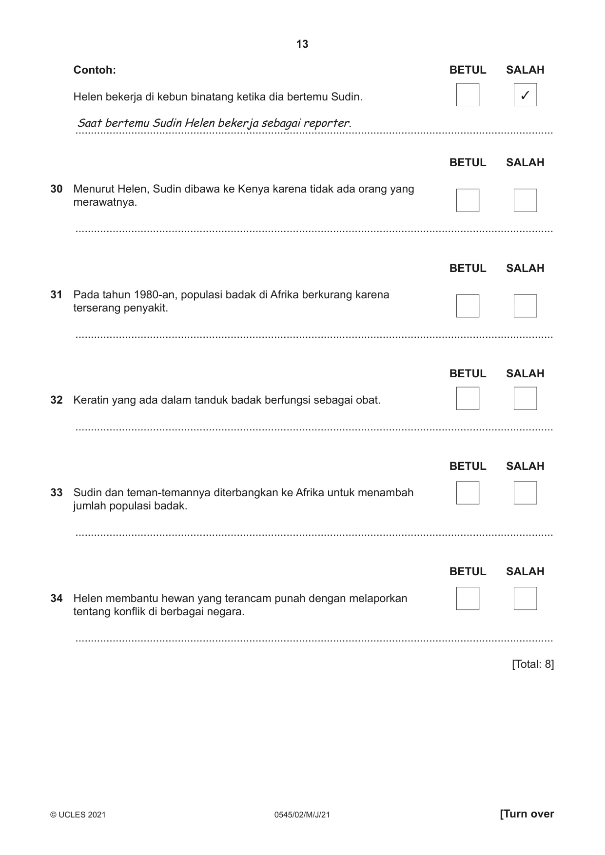 Cambridge IGCSE Indonesian - Foreign Language 0545 2021 May/June Paper 2 · Variant 0 question paper, page 13 of 16