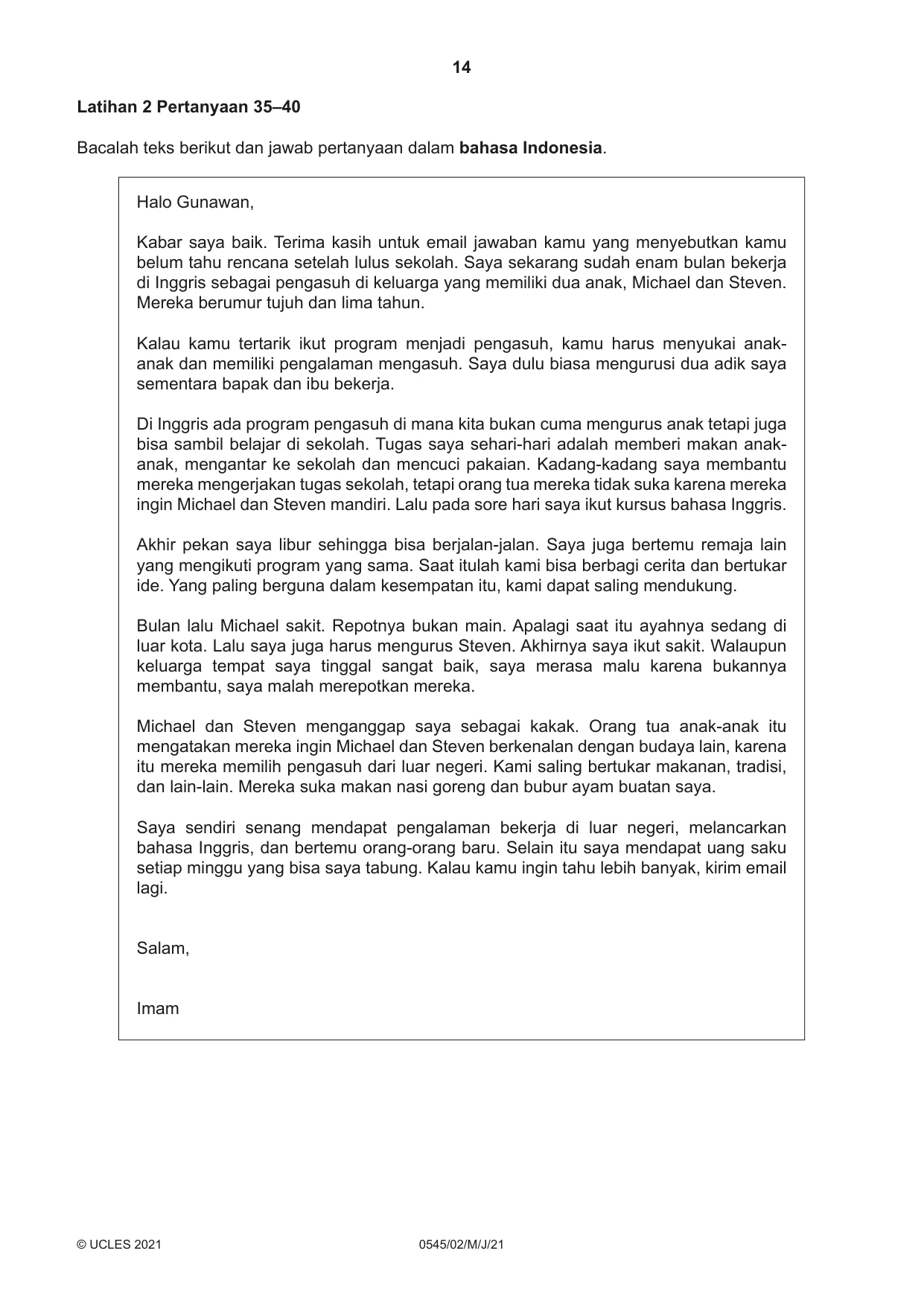 Cambridge IGCSE Indonesian - Foreign Language 0545 2021 May/June Paper 2 · Variant 0 question paper, page 14 of 16