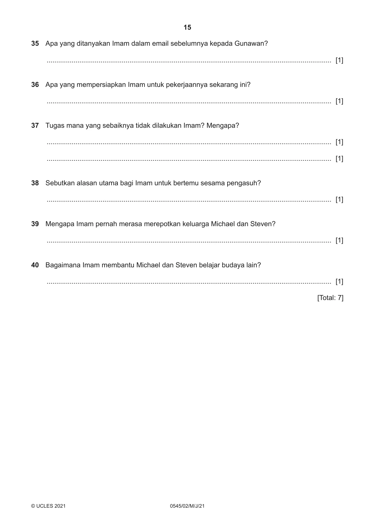 Cambridge IGCSE Indonesian - Foreign Language 0545 2021 May/June Paper 2 · Variant 0 question paper, page 15 of 16