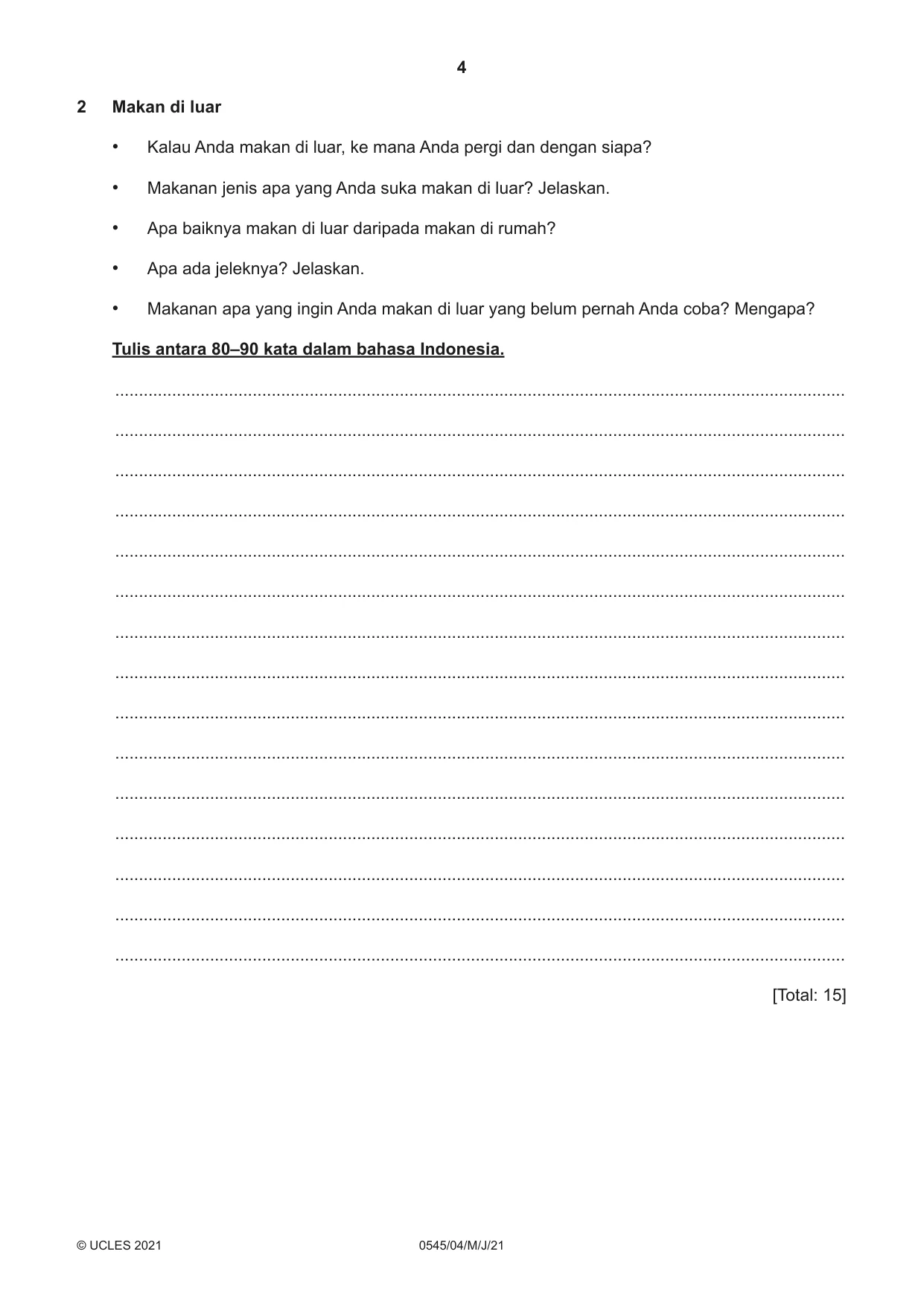 Cambridge IGCSE Indonesian - Foreign Language 0545 2021 May/June Paper 4 · Variant 0 question paper, page 4 of 8