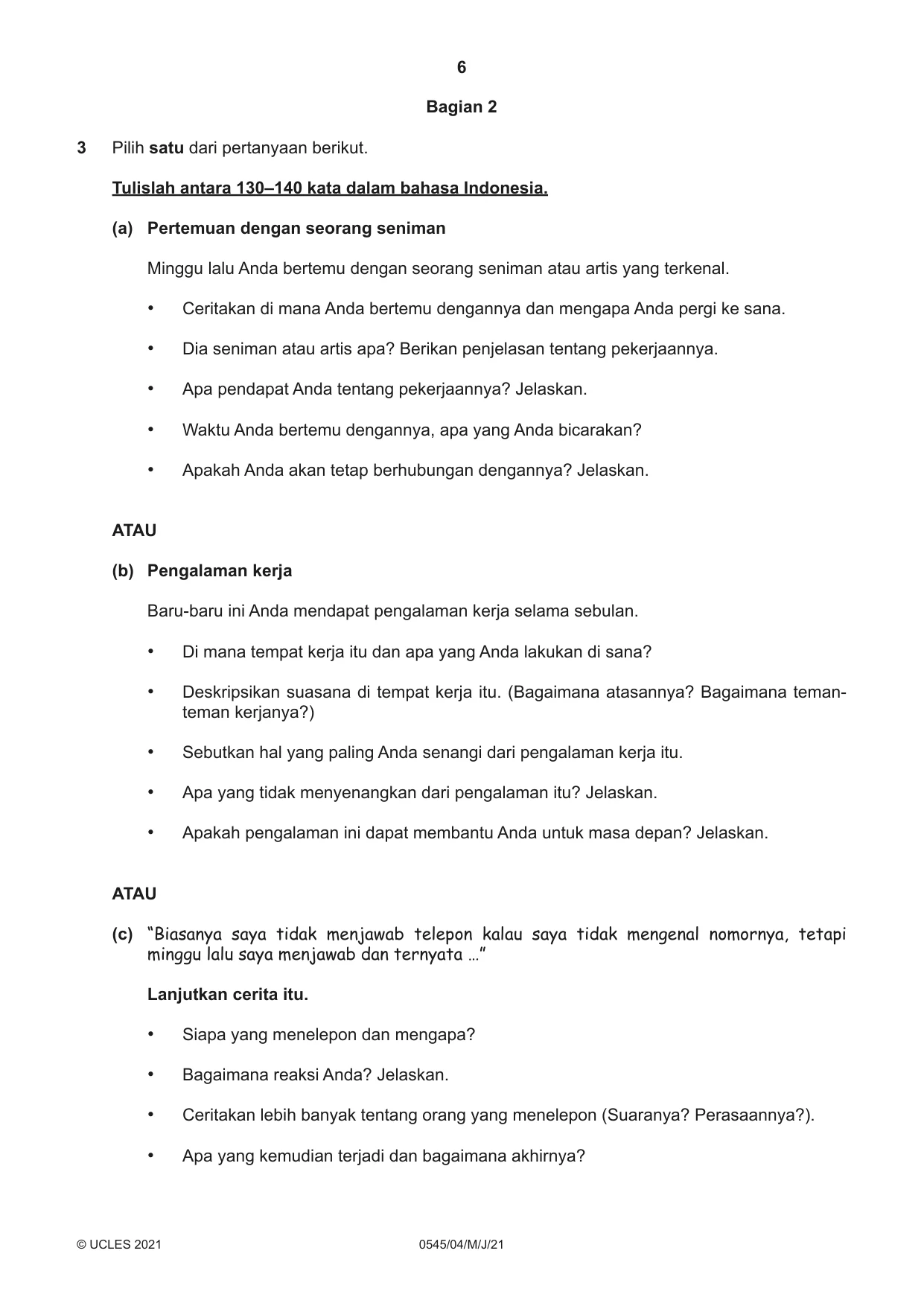 Cambridge IGCSE Indonesian - Foreign Language 0545 2021 May/June Paper 4 · Variant 0 question paper, page 6 of 8