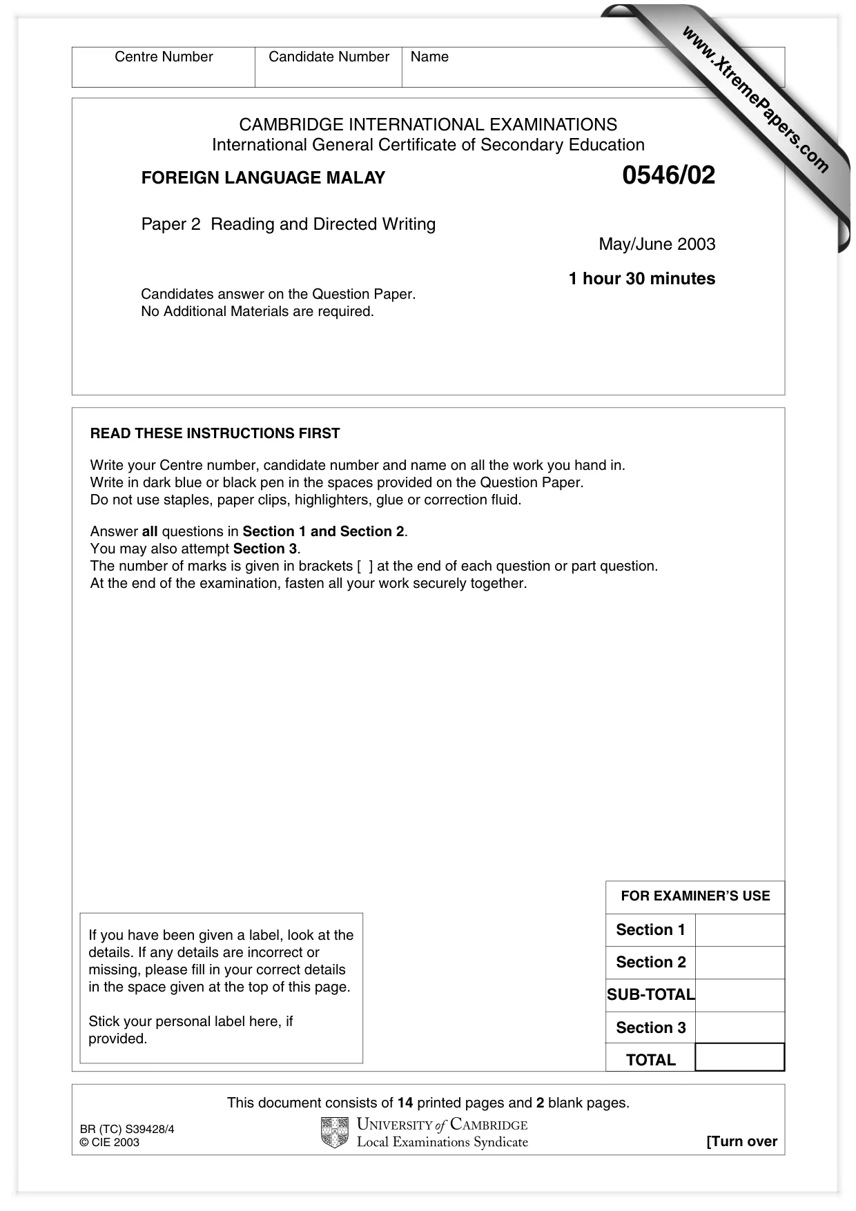Cambridge IGCSE Malay - Foreign Language 0546 2003 May/June Paper 2 · Variant 1 question paper, page 1 of 16