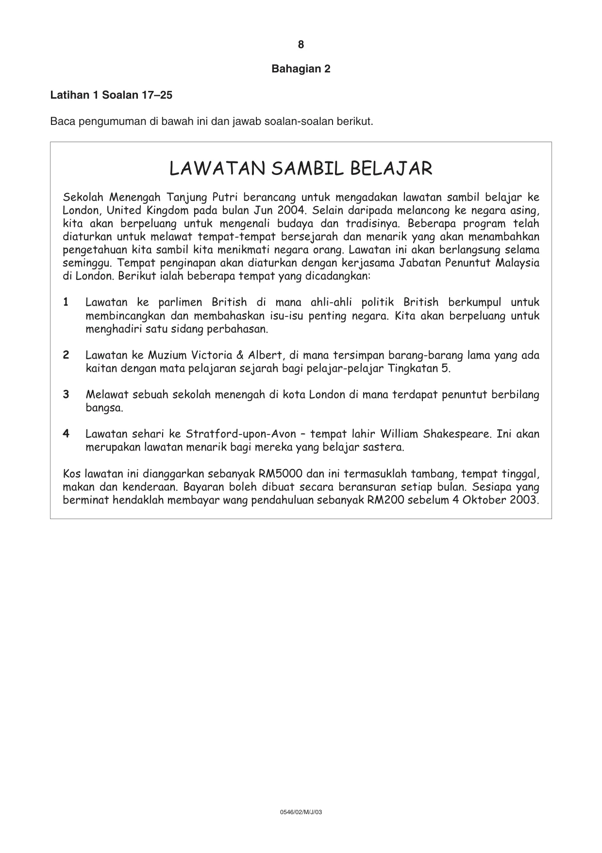 Cambridge IGCSE Malay - Foreign Language 0546 2003 May/June Paper 2 · Variant 1 question paper, page 8 of 16