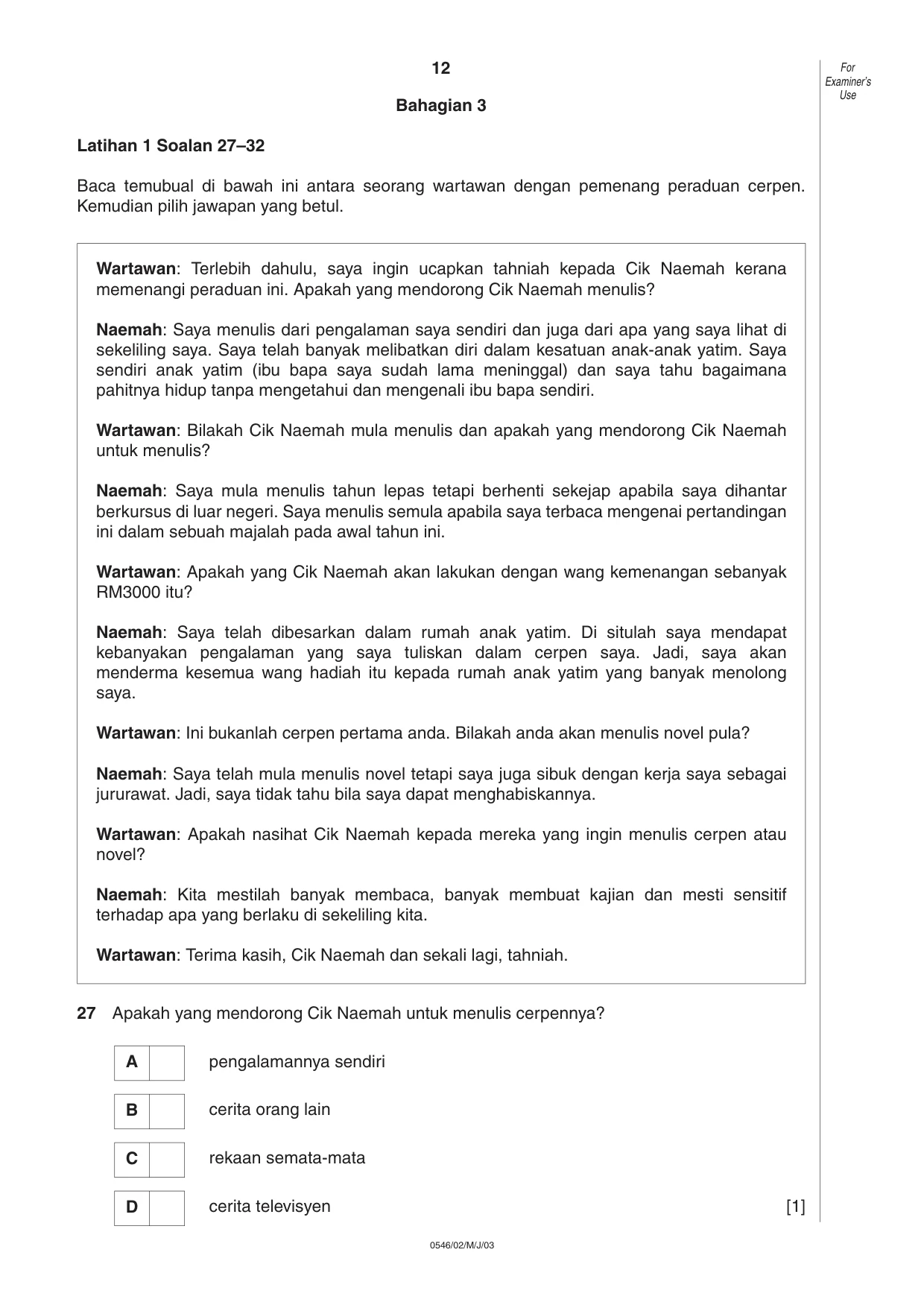 Cambridge IGCSE Malay - Foreign Language 0546 2003 May/June Paper 2 · Variant 1 question paper, page 12 of 16