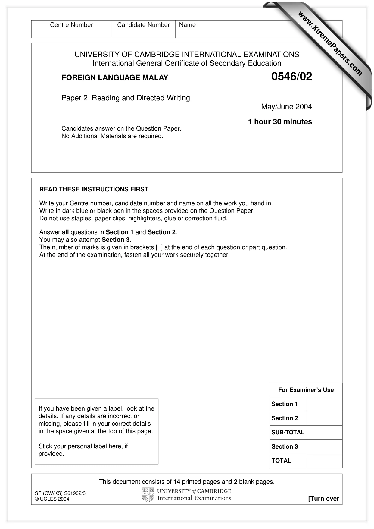 Cambridge IGCSE Malay - Foreign Language 0546 2004 May/June Paper 2 · Variant 1 question paper, page 1 of 16