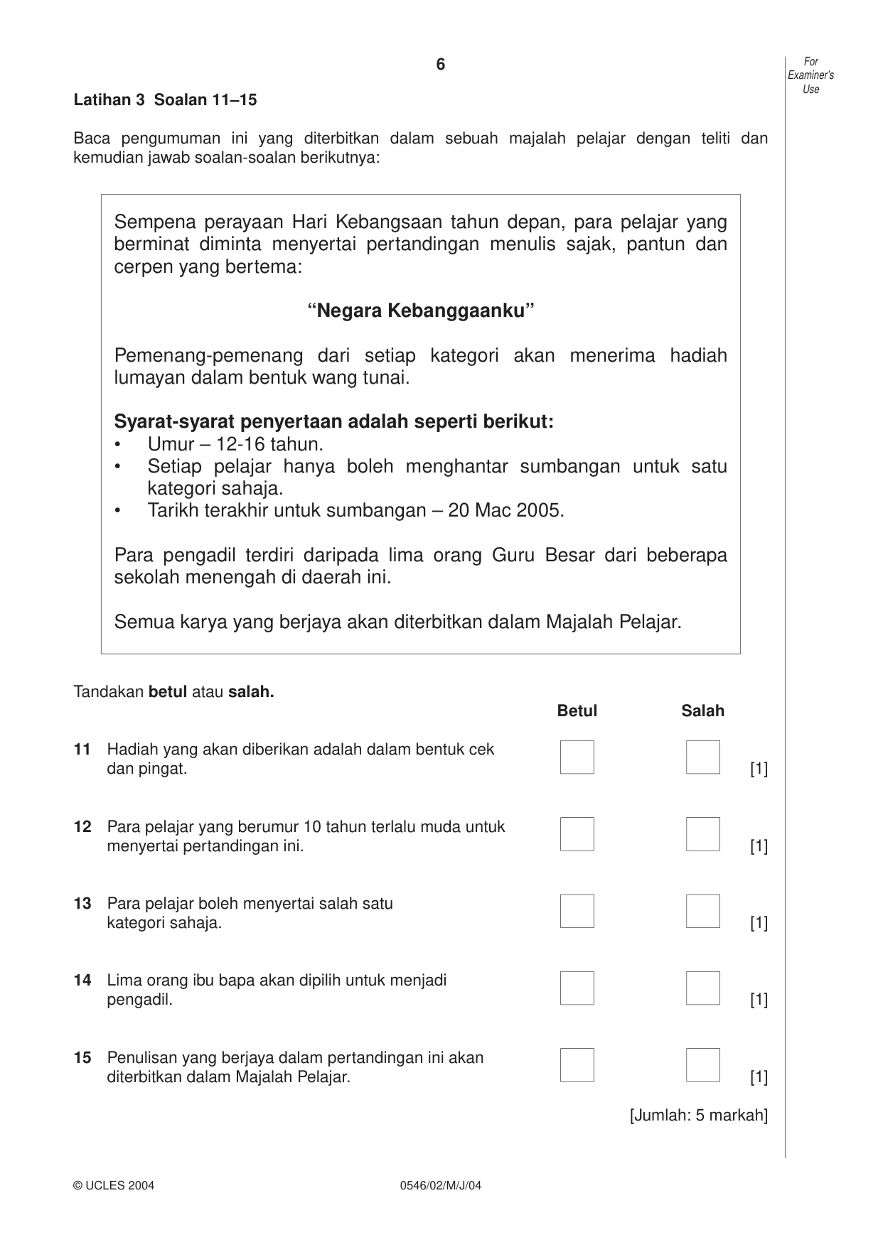 Cambridge IGCSE Malay - Foreign Language 0546 2004 May/June Paper 2 · Variant 1 question paper, page 6 of 16