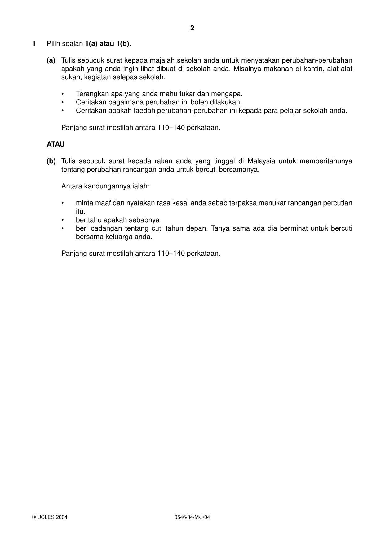 Cambridge IGCSE Malay - Foreign Language 0546 2004 May/June Paper 4 · Variant 1 question paper, page 2 of 4