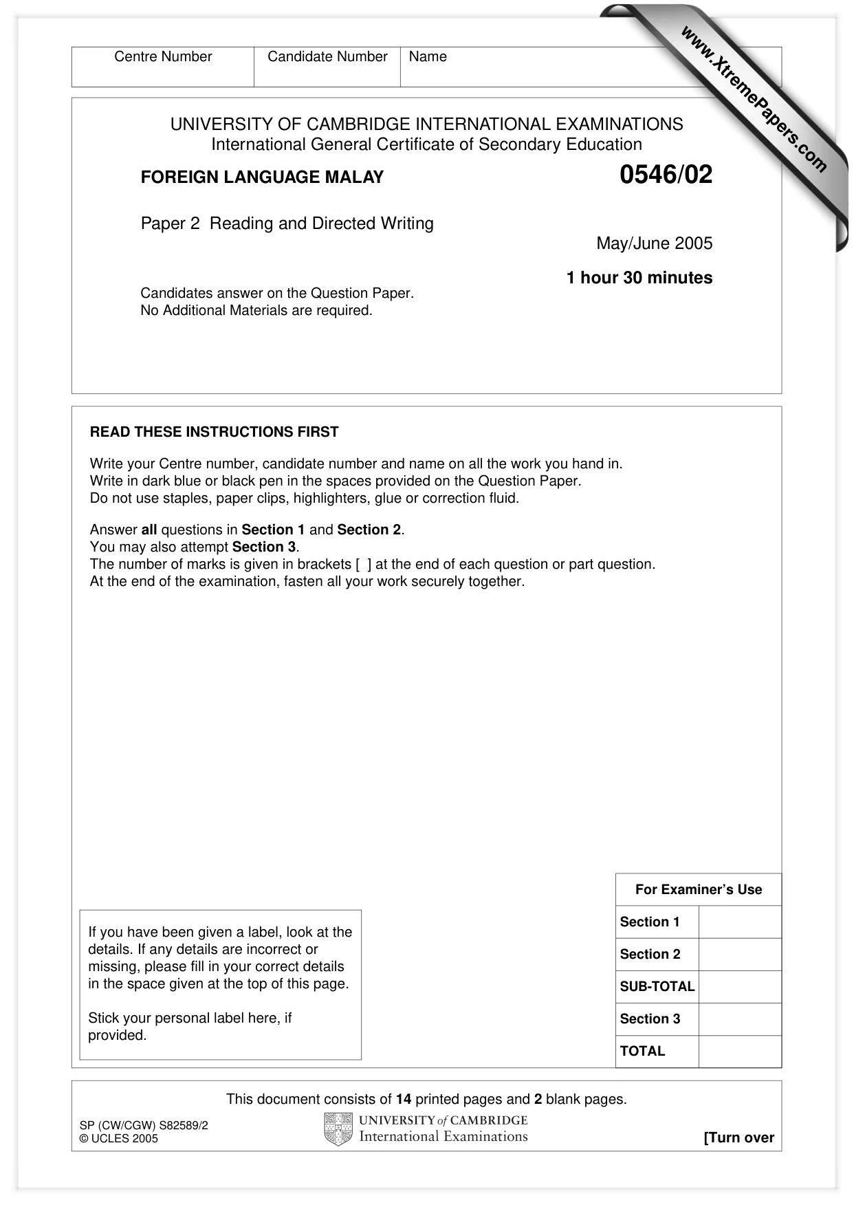 Cambridge IGCSE Malay - Foreign Language 0546 2005 May/June Paper 2 · Variant 1 question paper, page 1 of 16