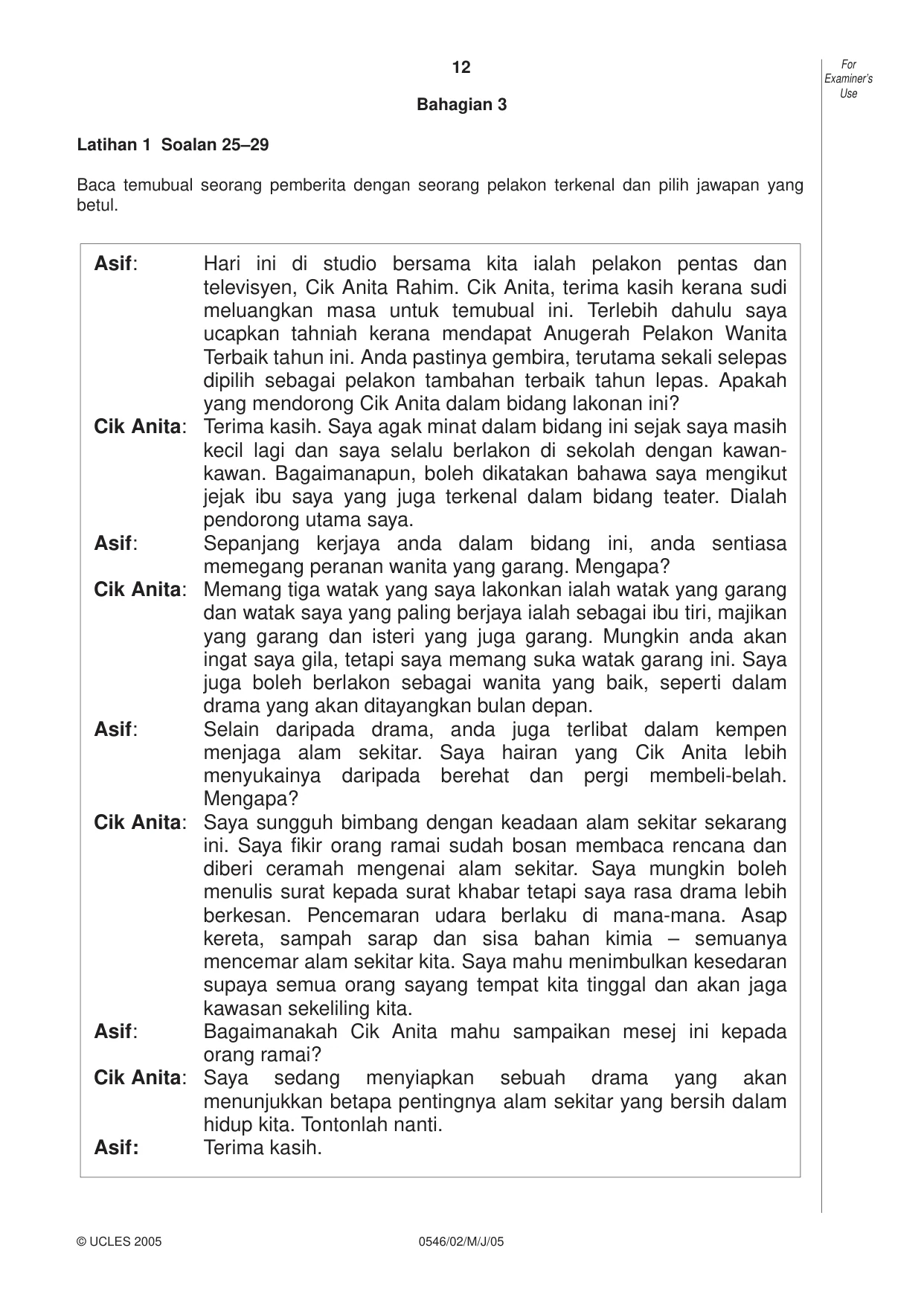 Cambridge IGCSE Malay - Foreign Language 0546 2005 May/June Paper 2 · Variant 1 question paper, page 12 of 16