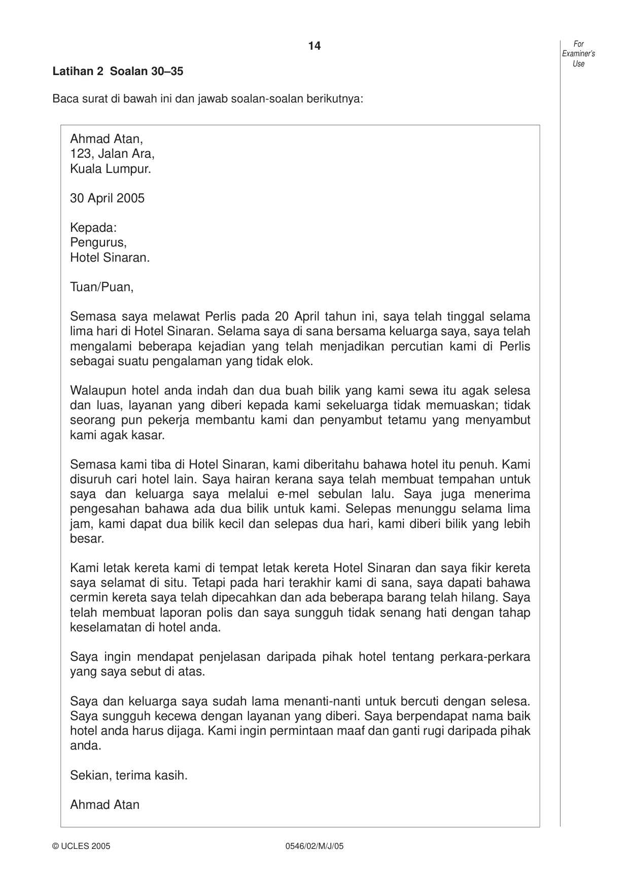 Cambridge IGCSE Malay - Foreign Language 0546 2005 May/June Paper 2 · Variant 1 question paper, page 14 of 16