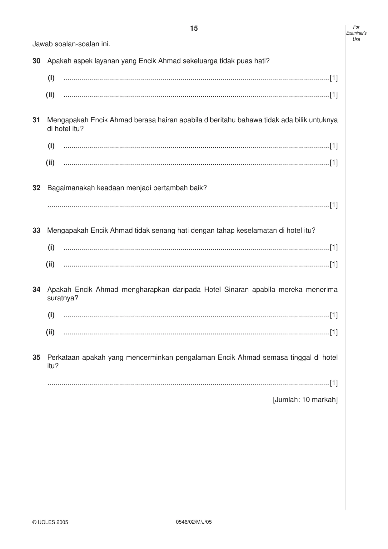 Cambridge IGCSE Malay - Foreign Language 0546 2005 May/June Paper 2 · Variant 1 question paper, page 15 of 16