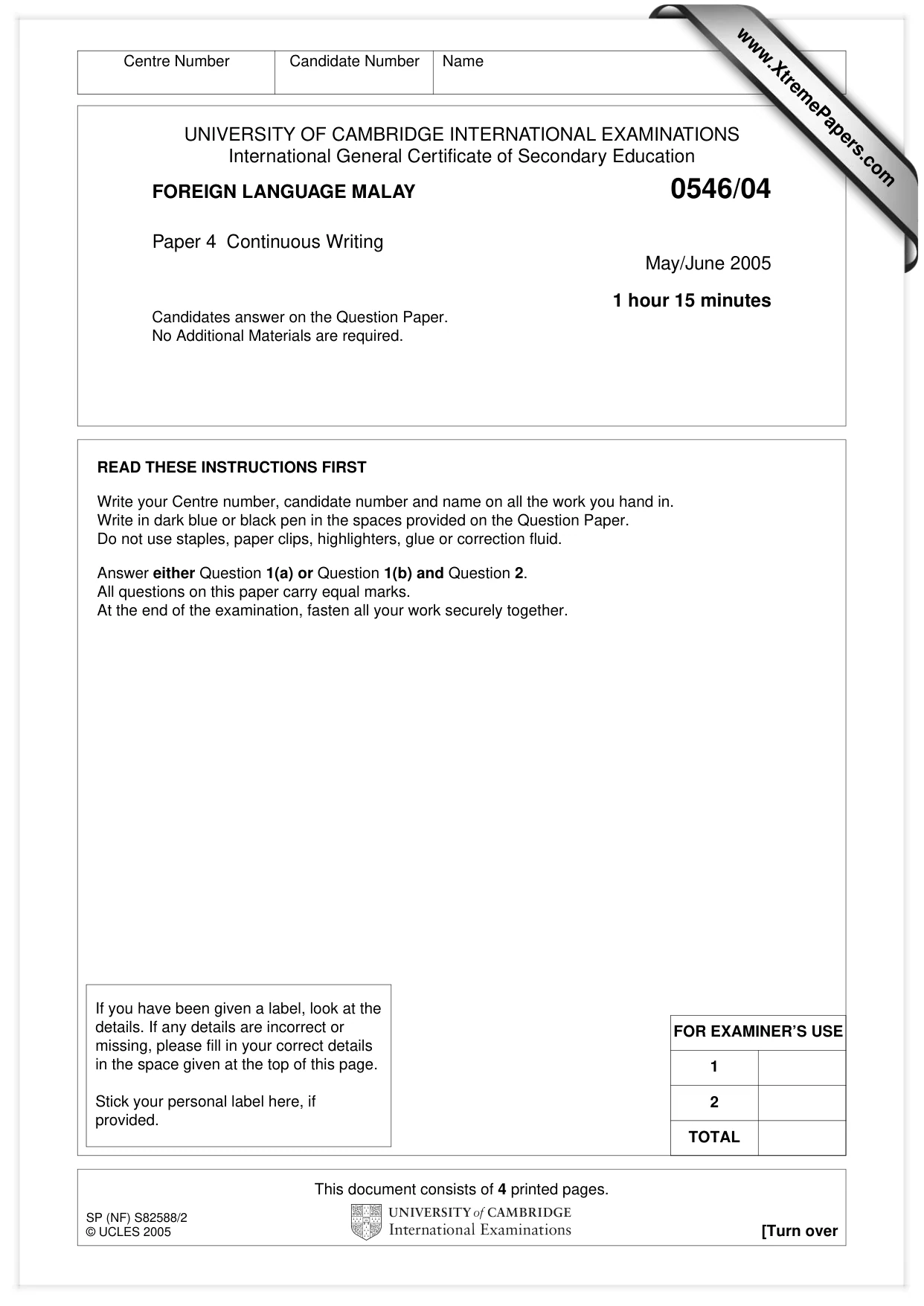 Cambridge IGCSE Malay - Foreign Language 0546 2005 May/June Paper 4 · Variant 1 question paper, page 1 of 4