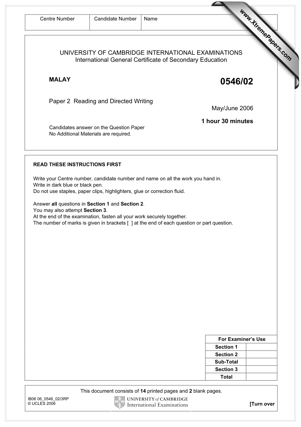 Cambridge IGCSE Malay - Foreign Language 0546 2006 May/June Paper 2 · Variant 1 question paper, page 1 of 16