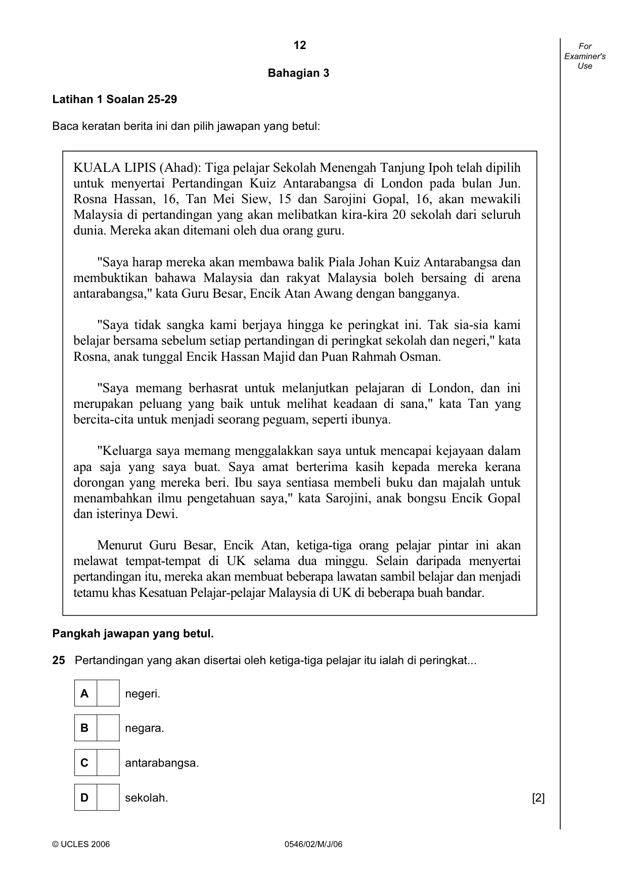 Cambridge IGCSE Malay - Foreign Language 0546 2006 May/June Paper 2 · Variant 1 question paper, page 12 of 16