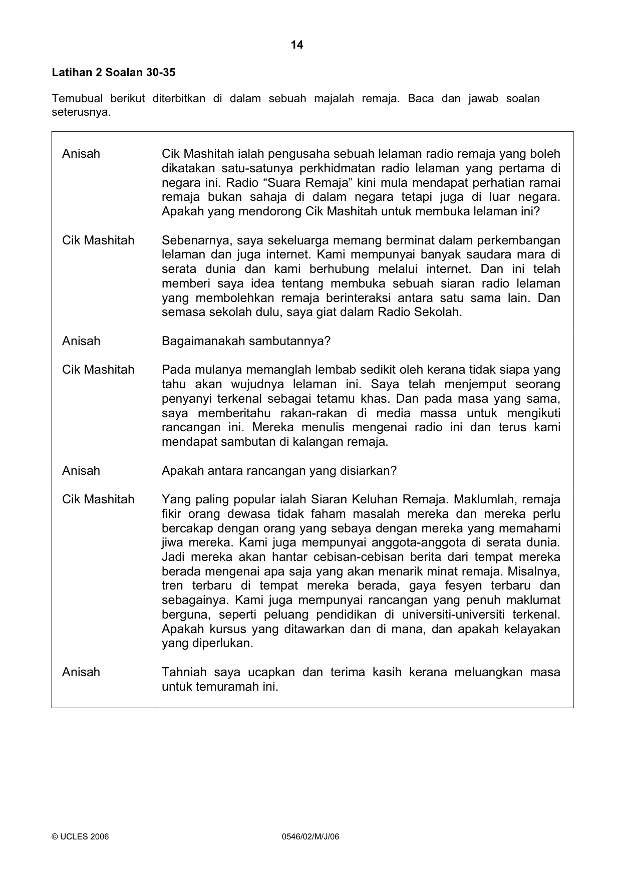 Cambridge IGCSE Malay - Foreign Language 0546 2006 May/June Paper 2 · Variant 1 question paper, page 14 of 16