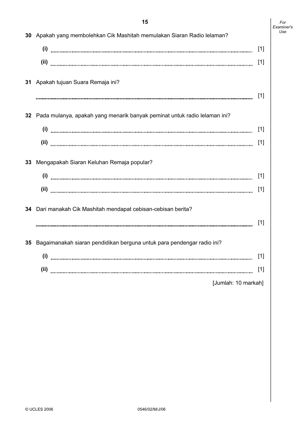Cambridge IGCSE Malay - Foreign Language 0546 2006 May/June Paper 2 · Variant 1 question paper, page 15 of 16