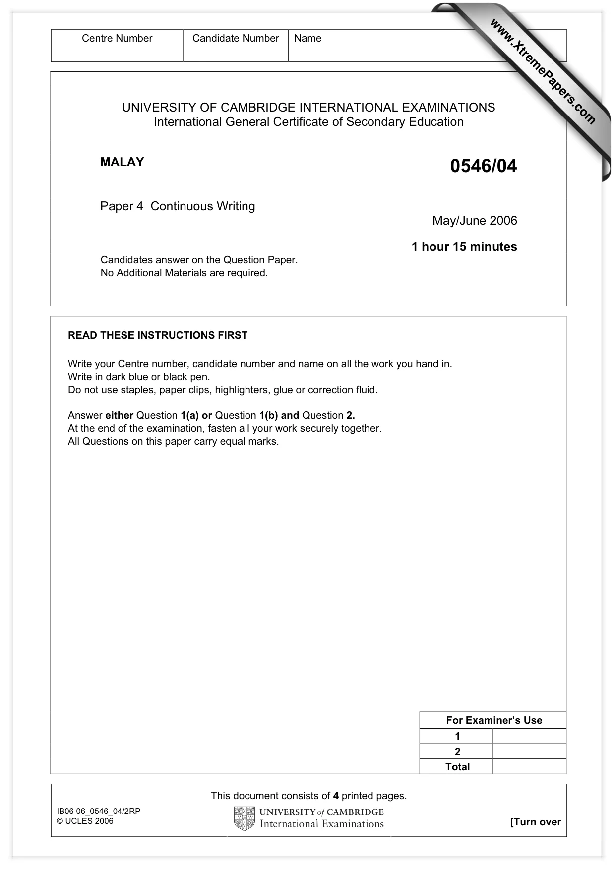 Cambridge IGCSE Malay - Foreign Language 0546 2006 May/June Paper 4 · Variant 1 question paper, page 1 of 4