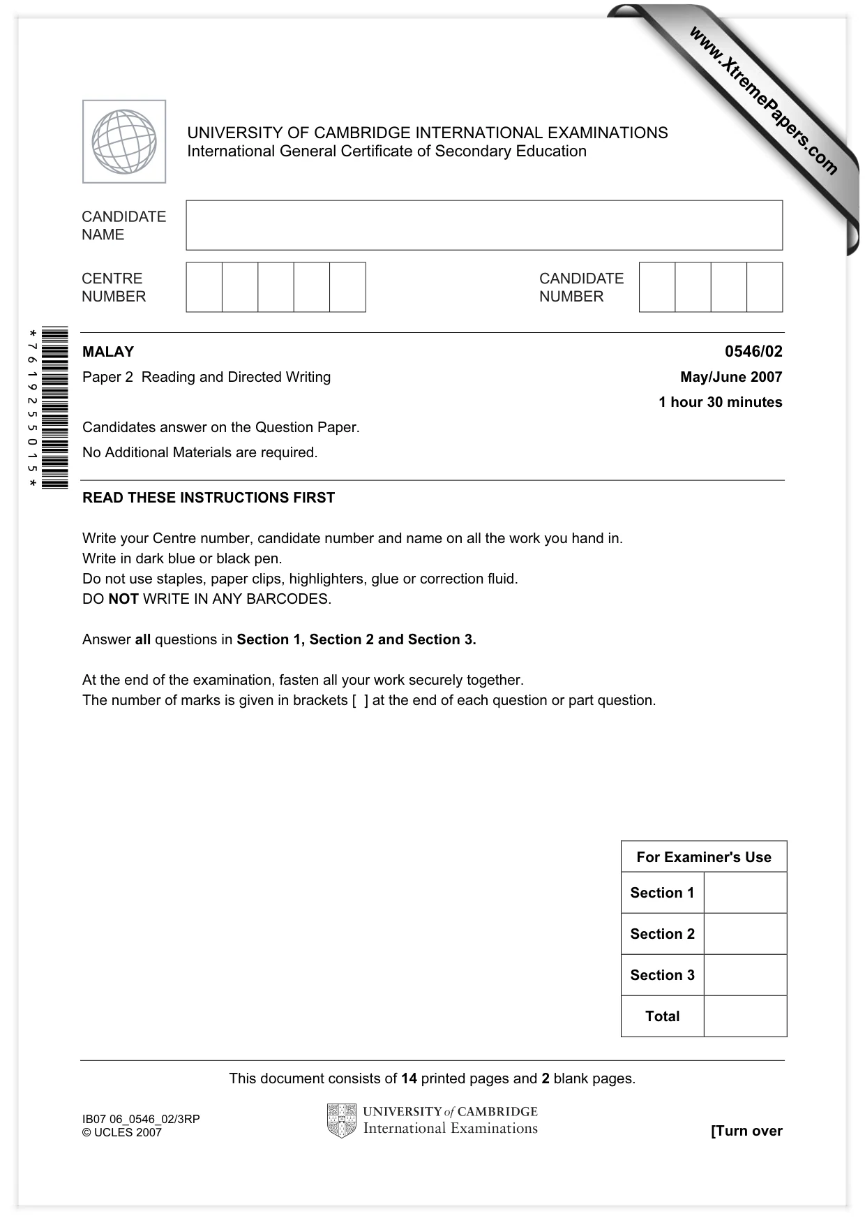 Cambridge IGCSE Malay - Foreign Language 0546 2007 May/June Paper 2 · Variant 1 question paper, page 1 of 16