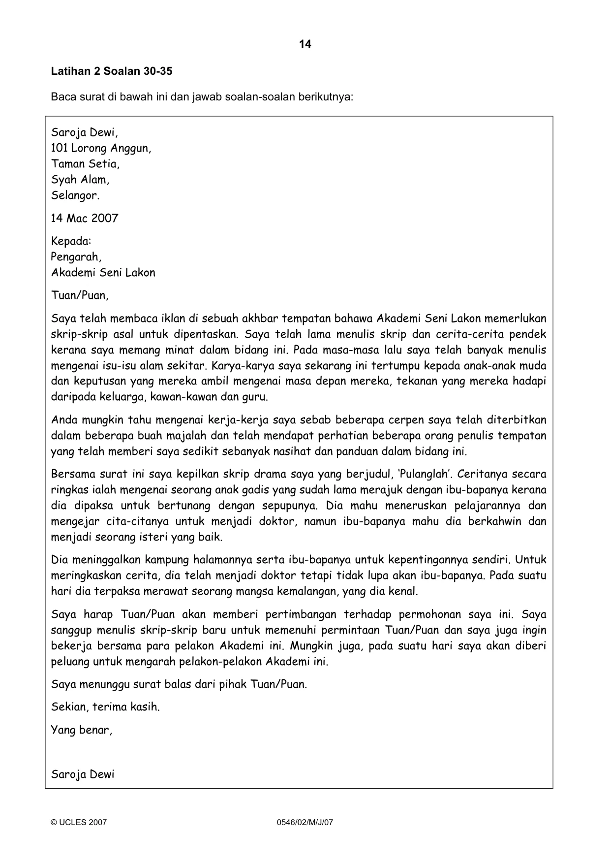 Cambridge IGCSE Malay - Foreign Language 0546 2007 May/June Paper 2 · Variant 1 question paper, page 14 of 16