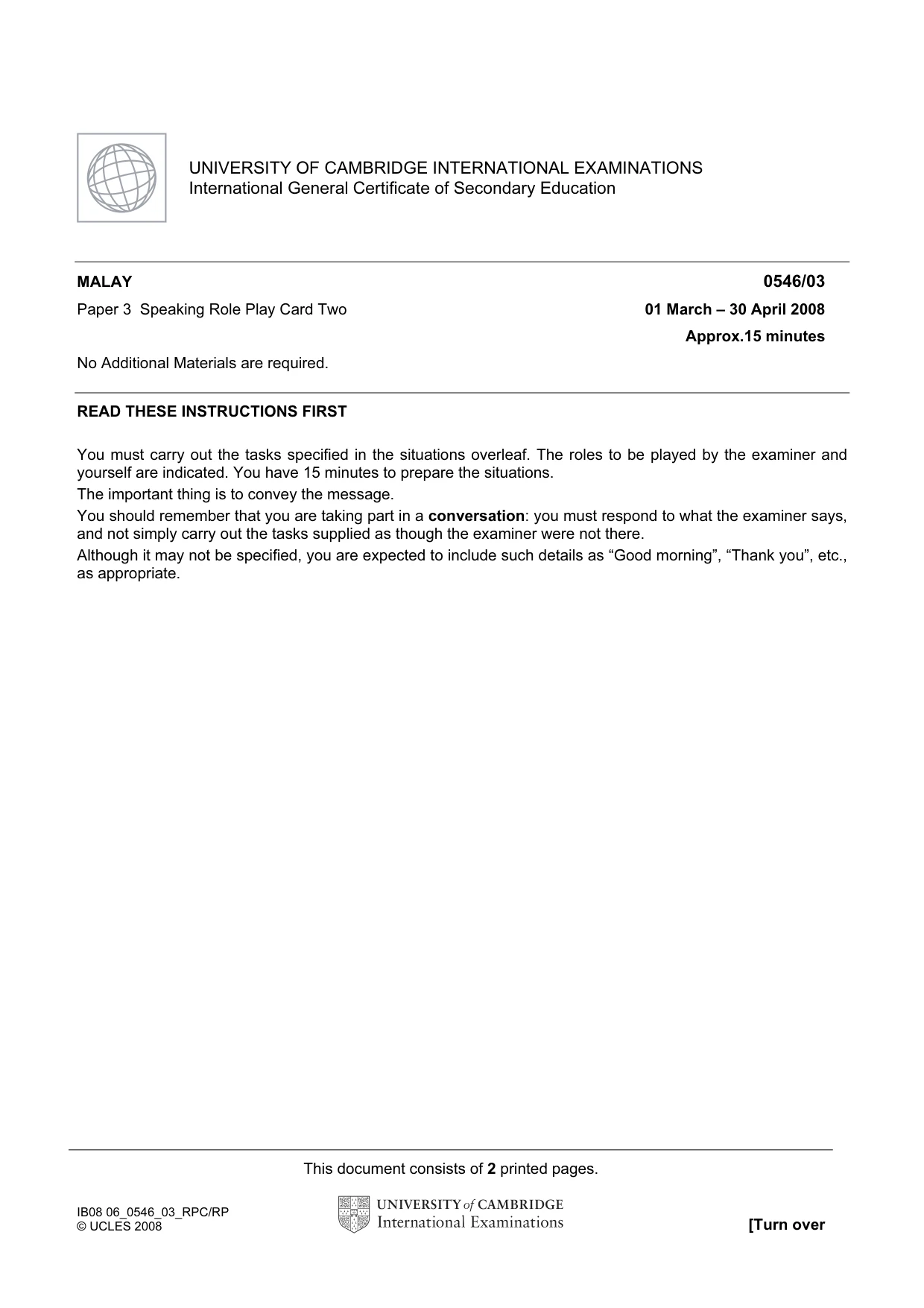 Cambridge IGCSE Malay - Foreign Language 0546 2008 May/June Paper 3 · Variant 1 question paper, page 3 of 18