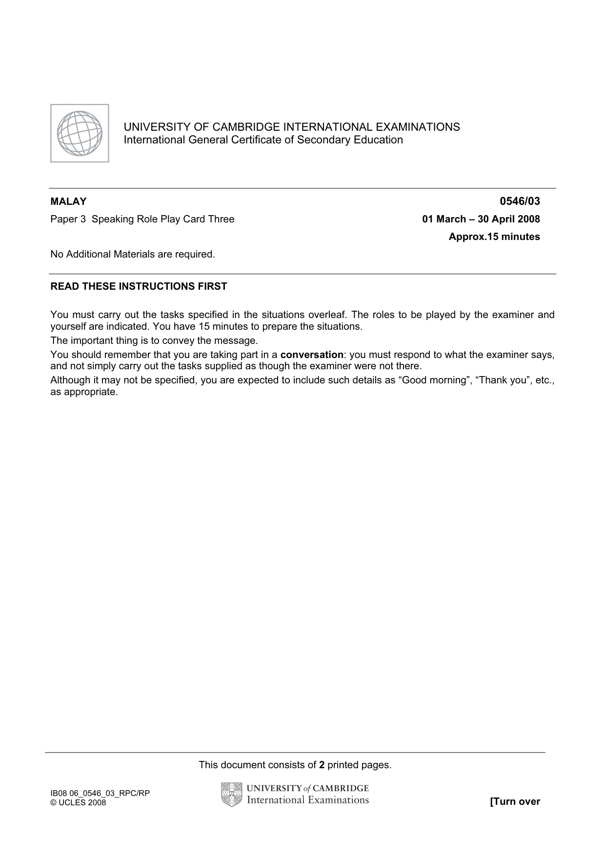 Cambridge IGCSE Malay - Foreign Language 0546 2008 May/June Paper 3 · Variant 1 question paper, page 5 of 18