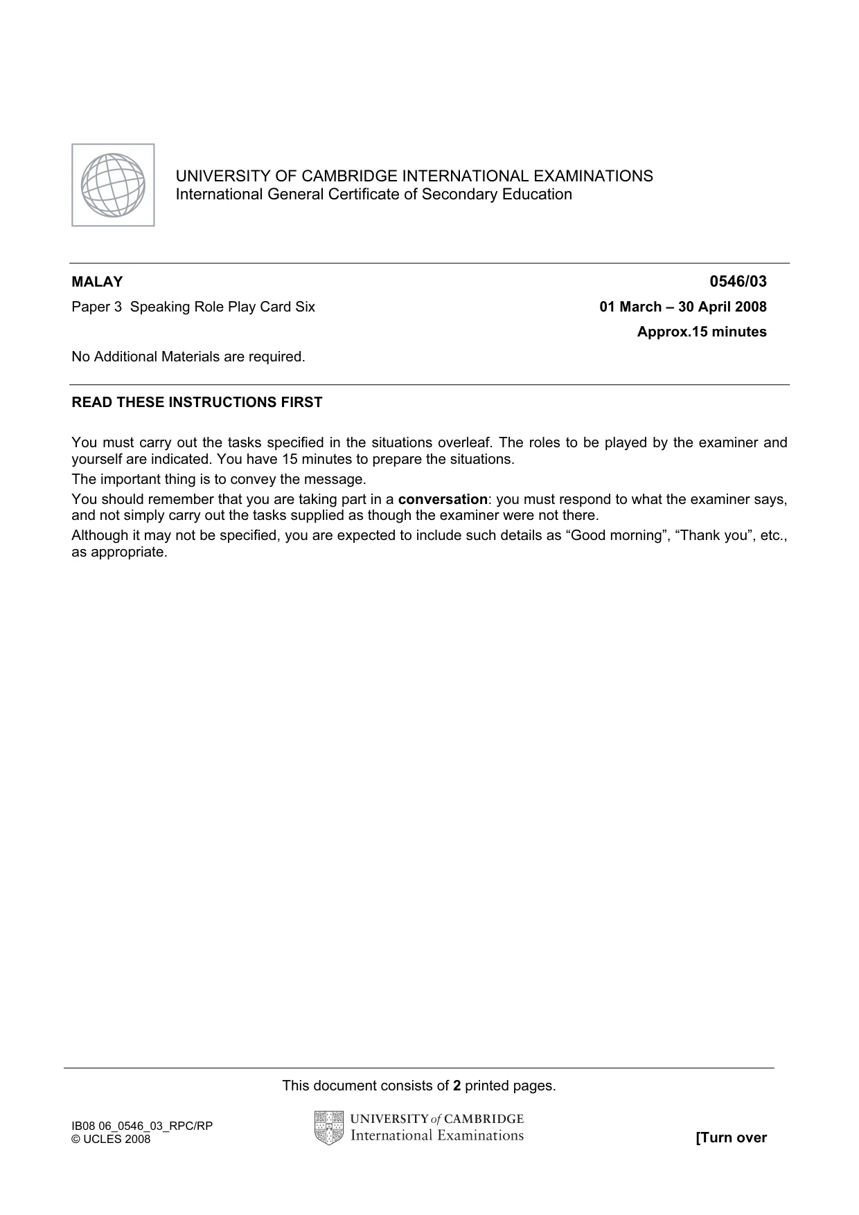 Cambridge IGCSE Malay - Foreign Language 0546 2008 May/June Paper 3 · Variant 1 question paper, page 11 of 18