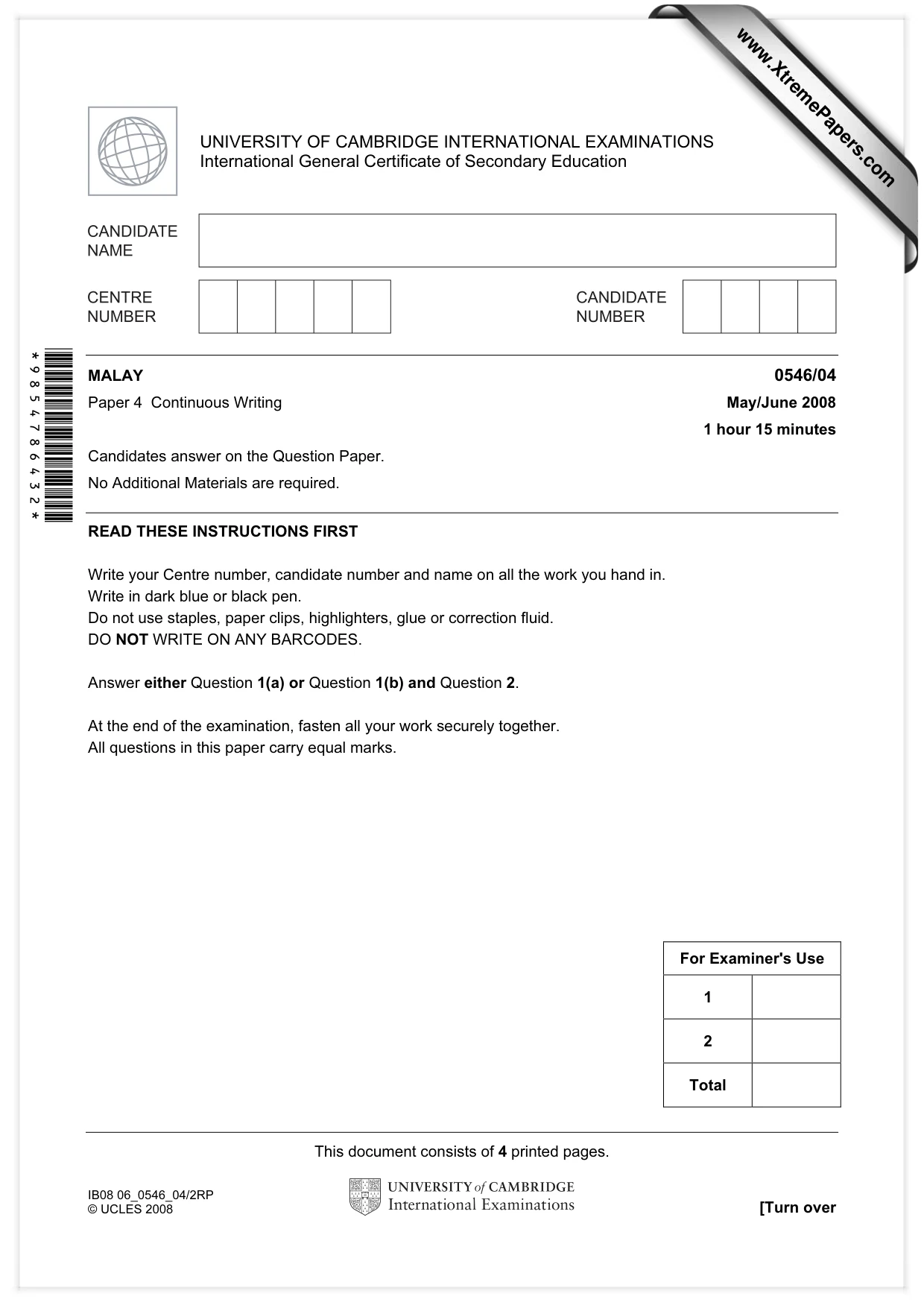 Cambridge IGCSE Malay - Foreign Language 0546 2008 May/June Paper 4 · Variant 1 question paper, page 1 of 4