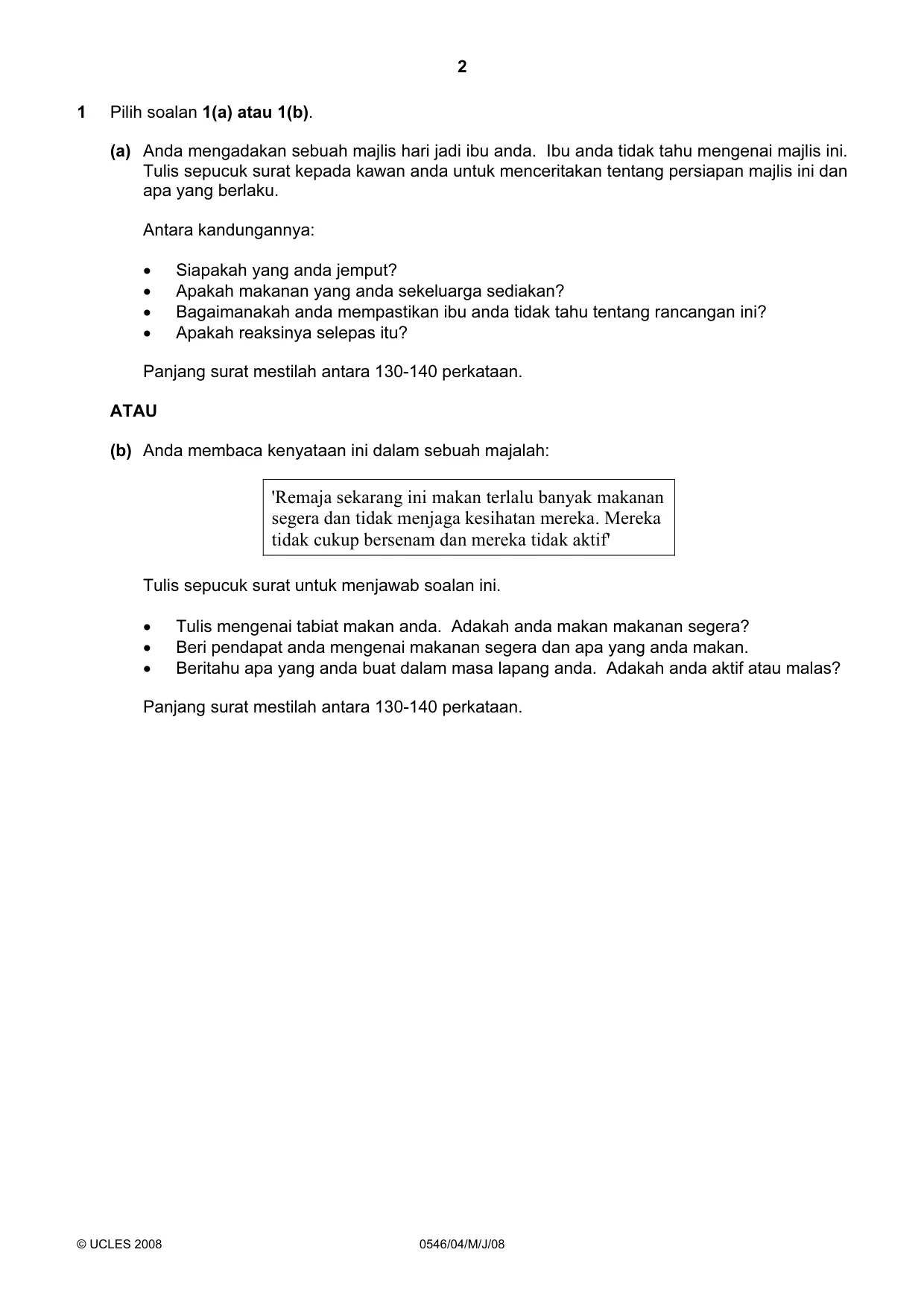 Cambridge IGCSE Malay - Foreign Language 0546 2008 May/June Paper 4 · Variant 1 question paper, page 2 of 4