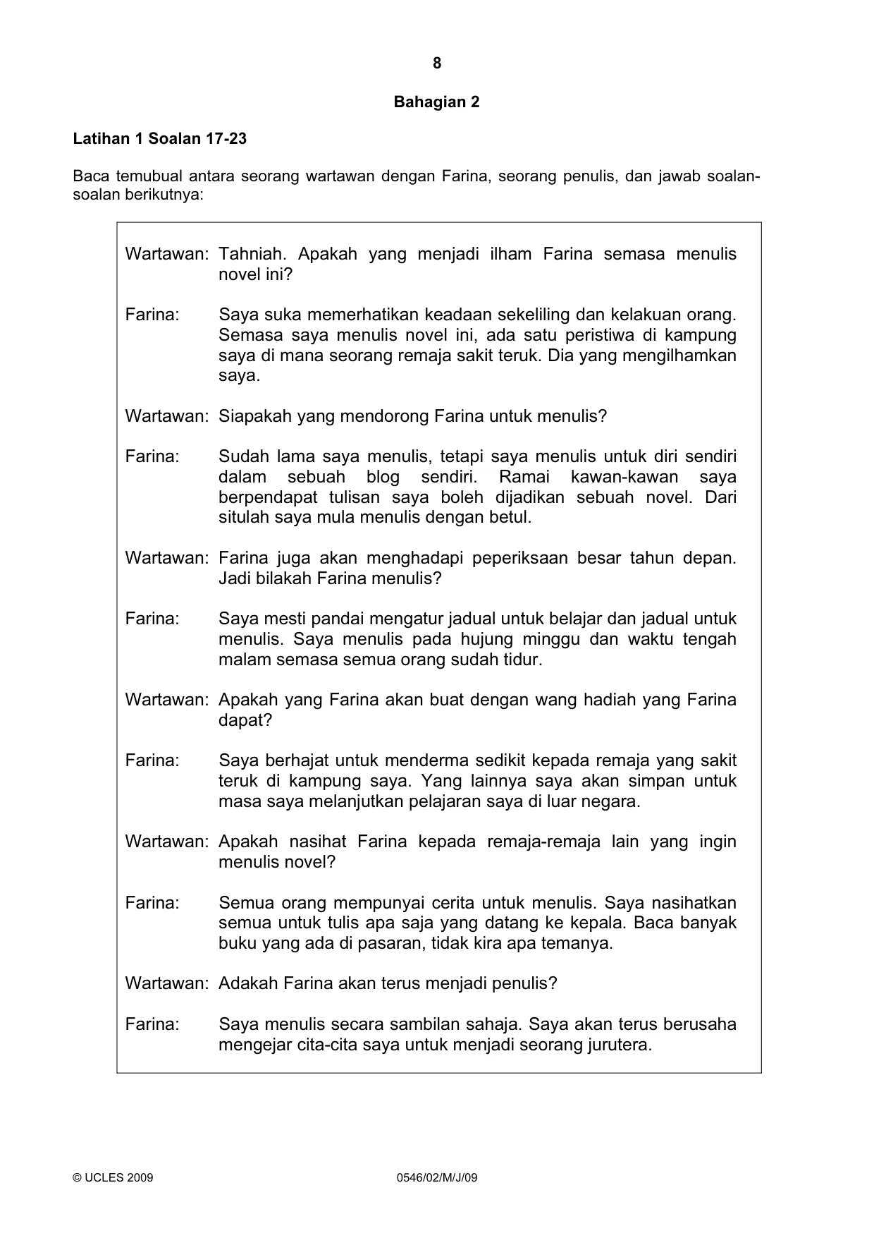 Cambridge IGCSE Malay - Foreign Language 0546 2009 May/June Paper 2 · Variant 1 question paper, page 8 of 16