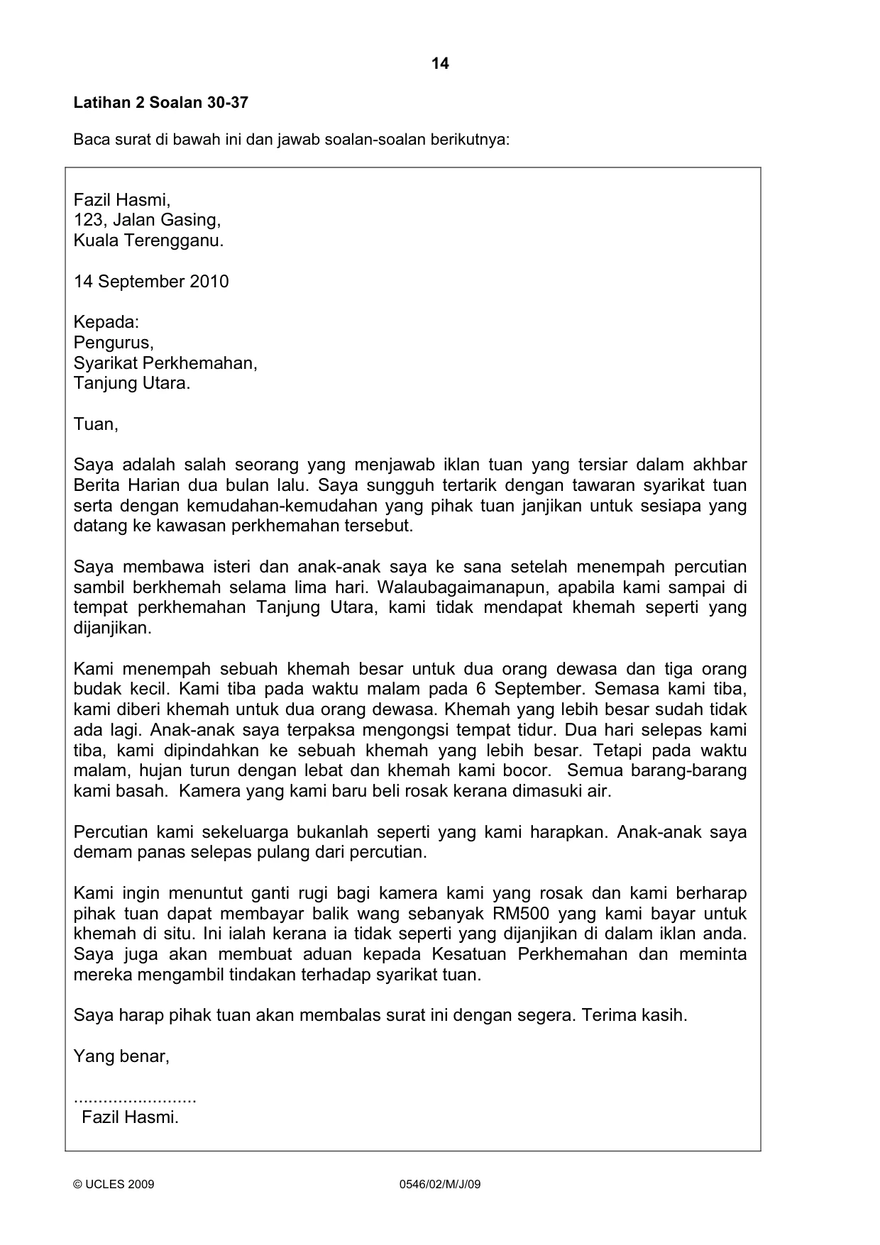 Cambridge IGCSE Malay - Foreign Language 0546 2009 May/June Paper 2 · Variant 1 question paper, page 14 of 16