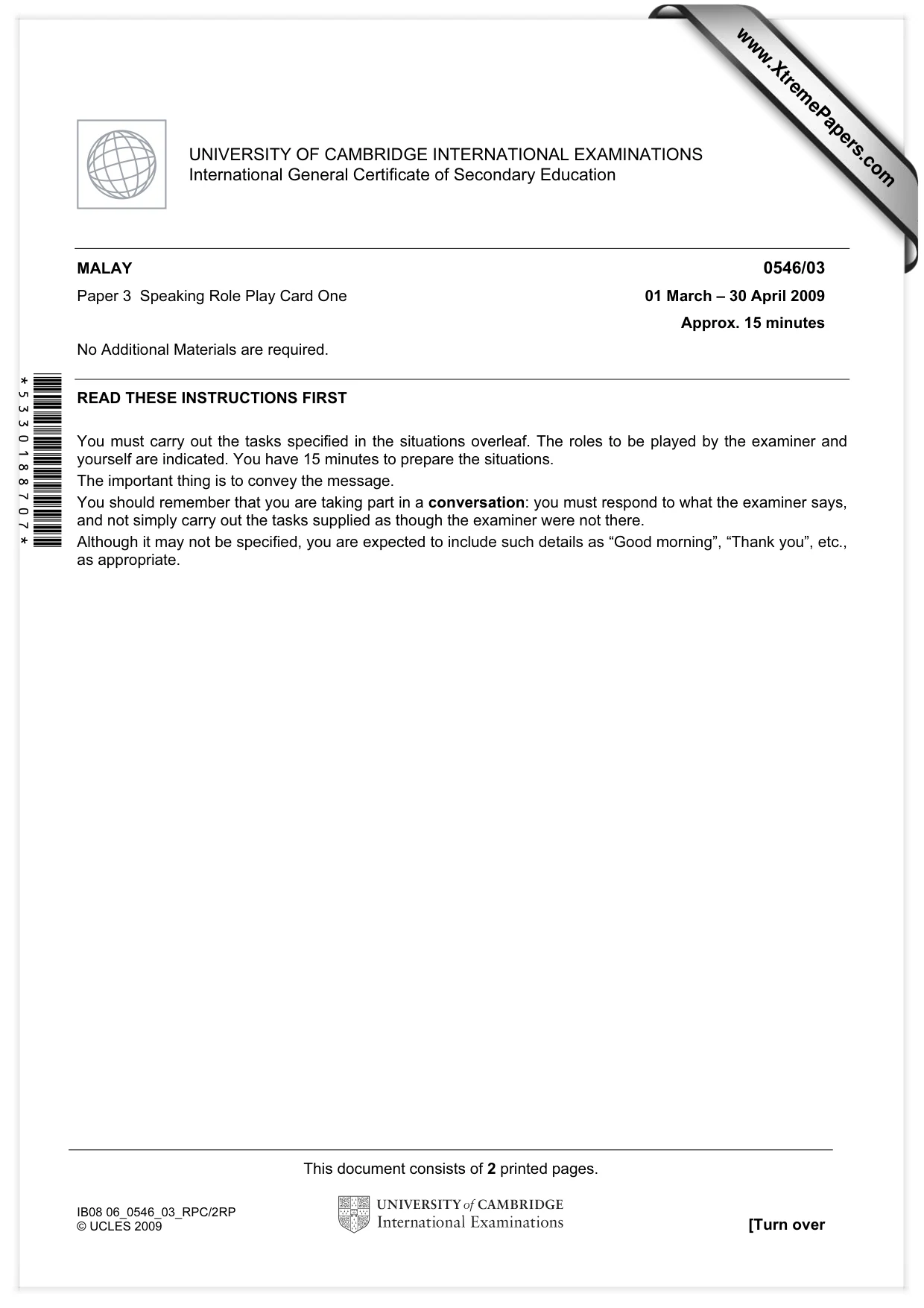 Cambridge IGCSE Malay - Foreign Language 0546 2009 May/June Paper 3 · Variant 1 question paper, page 1 of 18