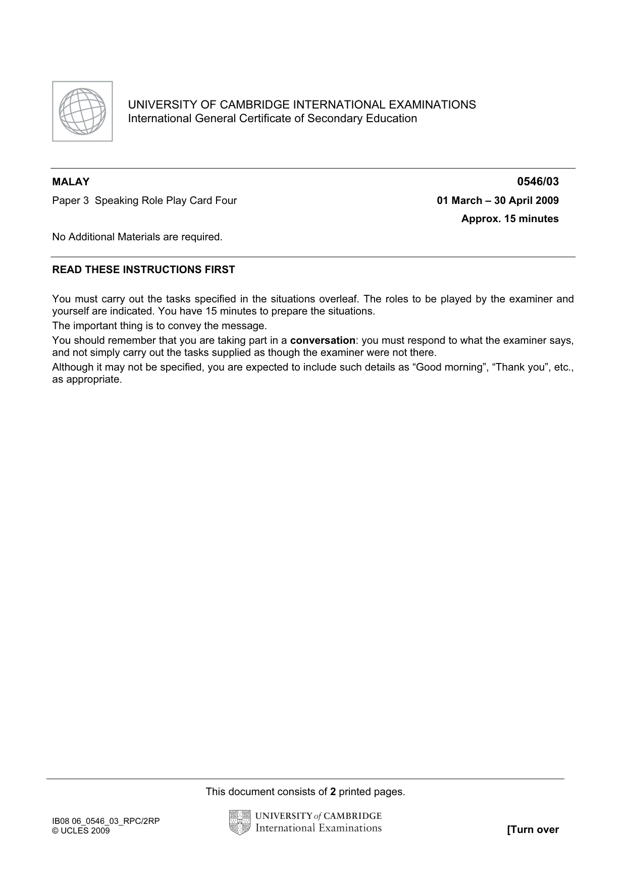 Cambridge IGCSE Malay - Foreign Language 0546 2009 May/June Paper 3 · Variant 1 question paper, page 7 of 18