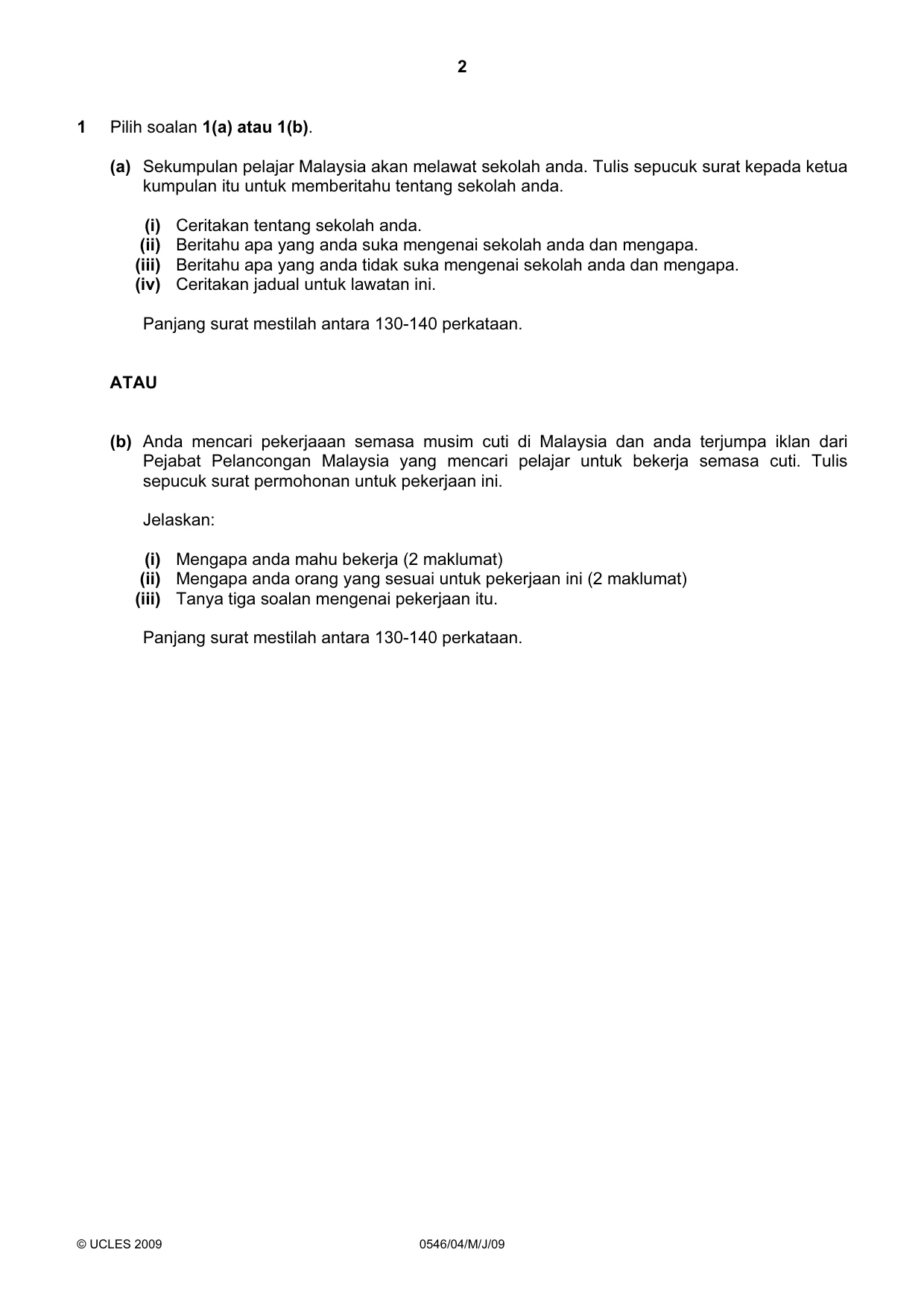 Cambridge IGCSE Malay - Foreign Language 0546 2009 May/June Paper 4 · Variant 1 question paper, page 2 of 4