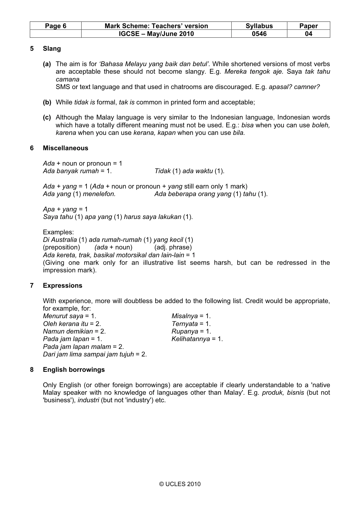 Mark scheme, page 6 of 8