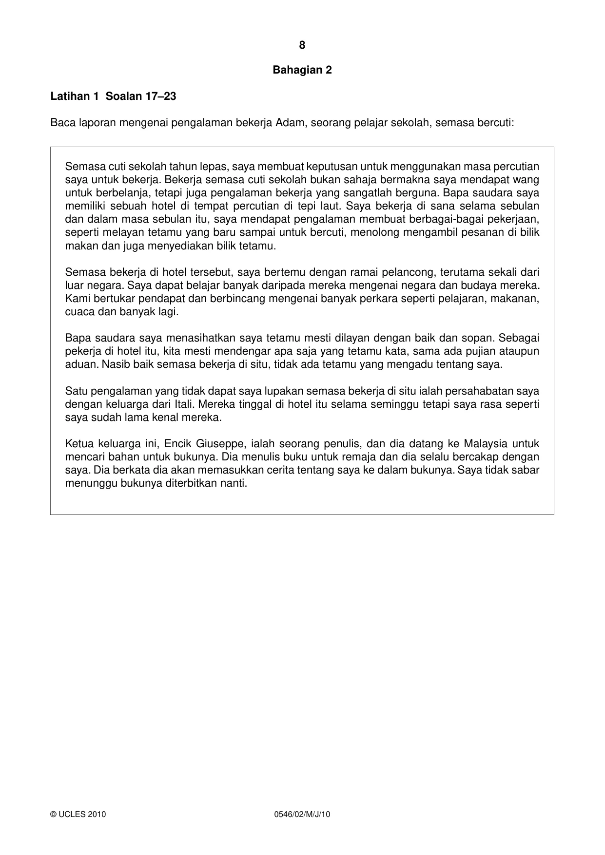 Cambridge IGCSE Malay - Foreign Language 0546 2010 May/June Paper 2 · Variant 1 question paper, page 8 of 16