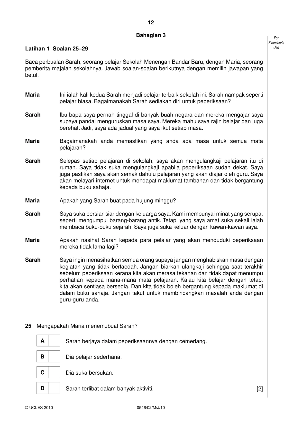 Cambridge IGCSE Malay - Foreign Language 0546 2010 May/June Paper 2 · Variant 1 question paper, page 12 of 16