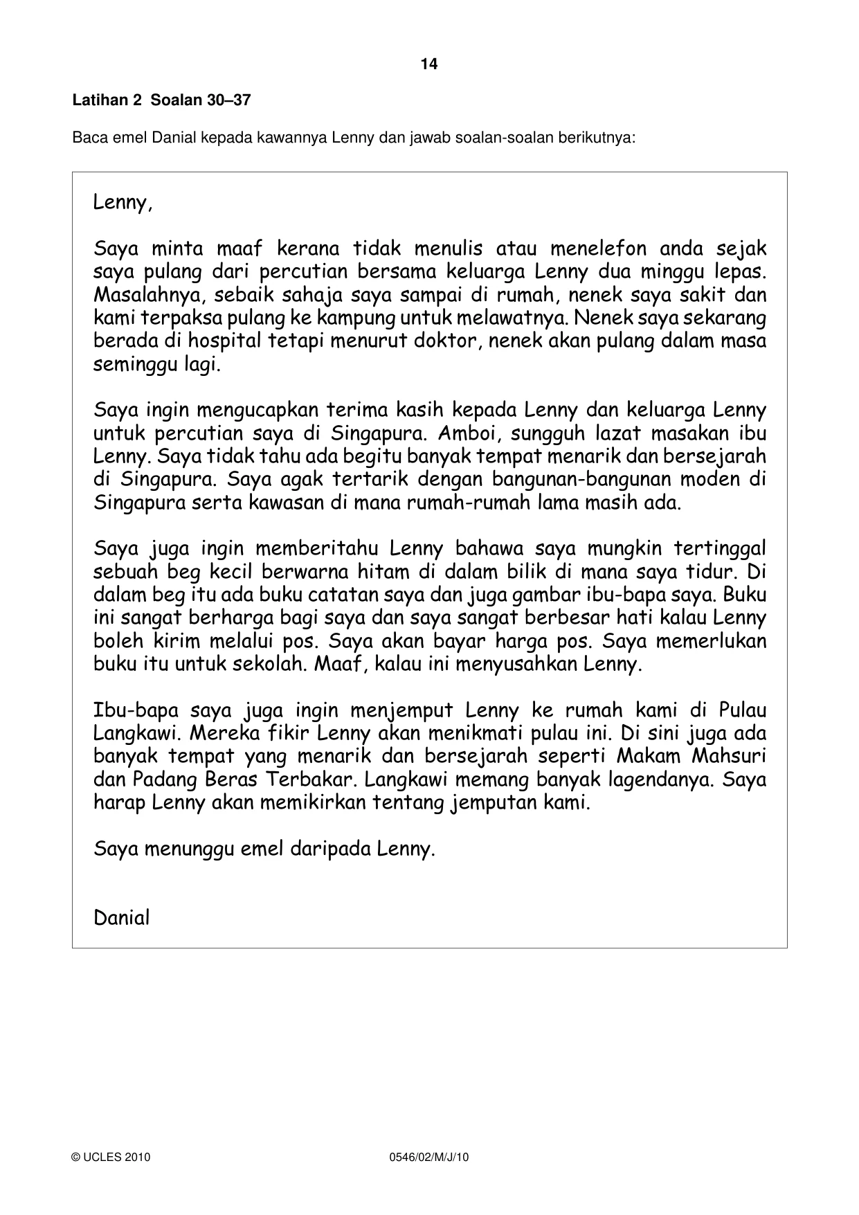 Cambridge IGCSE Malay - Foreign Language 0546 2010 May/June Paper 2 · Variant 1 question paper, page 14 of 16